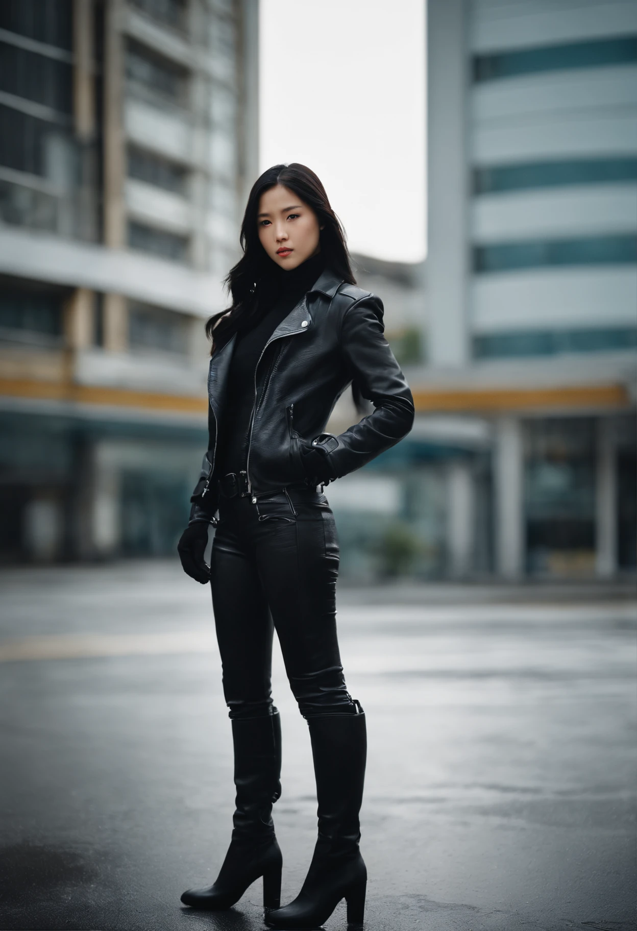 Black leather gloves、Black Leather Riders Jacket、Black Leather Slacks、Black leather long boots、Black hair ponytail、Japan High School Girl