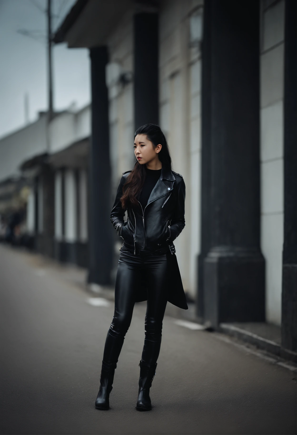 Black leather gloves、Black Leather Riders Jacket、Black Leather Slacks、Black leather long boots、Black hair ponytail、Japan High School Girl
