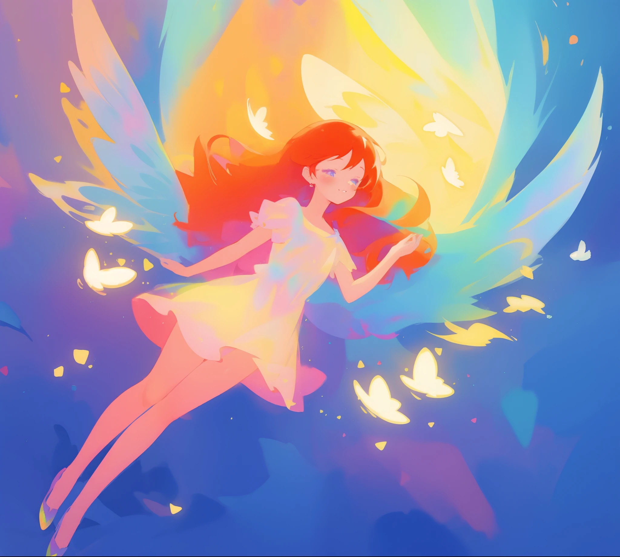 beautiful angel girl in colorful shimmering puffy dress, ((colorful angel wings)), vibrant pastel colors, long flowing red hair, colorful fantasia background, watercolor illustration, disney art style, beautiful digital illustration, beautiful, masterpiece, best quality, anime disney style, beautiful face