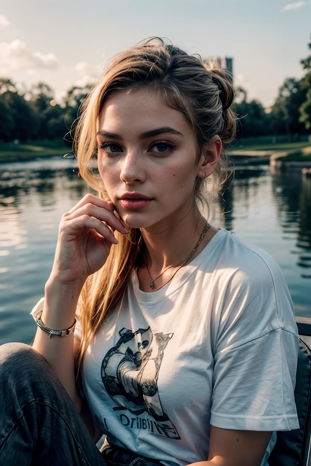 1 woman, earbuds in her ears, she's (sitting outside next to pond with swans, she's looking at camera), (elegantly detailed swans:1.3) , she is a gorgeous,,(exterior lovely pond park with ducks and swans:1.3)), stunning natural lighting on every element,), (she's listening to music), realistic photo, (47% of photo is black in drawing:1.4), she's has (eye contact:0.3) skill , (she wears a tshirt with minotaur graphic print , black jeans, pencil in her blond hair), (clouds:0.9) beautiful face, slight smile, intense presence, masterpiece, obsessively detailed details, cozy relaxed, teasing us, catching us, beautiful hands, kind eyes, gorgeous, incredible details, ((high contrast)), (deep, darkest shadows), (shadow details:1.0), ((taken using Leica camera, aperture: f/2.3)) , hyper-realistic skin, pores, scar, mole, (she has blonde hair pulled away from face, tidy updo, with pencil stuck in it), (stunning smokey eye makeup), natural resting, perfect hands, relaxed moment, she's in dark with natural light glow, (romantic light:1.2), radiant skin, perfectly framed face, perfect relaxed hands, perfect fingers, (perfect portrait, incredible eyes:1.1), a work of art,sexy beautiful composition, golden ratio, inspiring, (highest quality fabric texture), every detail,Fine facial features – (Highest Quality) ,Leica camera film, High quality ○○ detailed – ○○ details ultra detailed(Ultra-fine ), Photorealistic, Extremely detailed(Extremely detailed) , (highest detail image, lens flare, realistic)○○ res – ○○ resolution ultra high res(A high resolution),playful relaxed photos