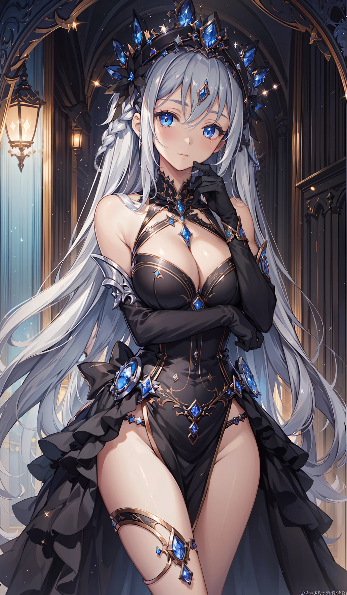 1 girl, (((ultra-detailed))), ((masterpiece)), ((illustration)), sensual, starlight saintess, black ornate dress, curvaceous woman, head veil, long silver hair, fair skin, droopy eyes, starry eyes like the night sky, bust up, facing forward