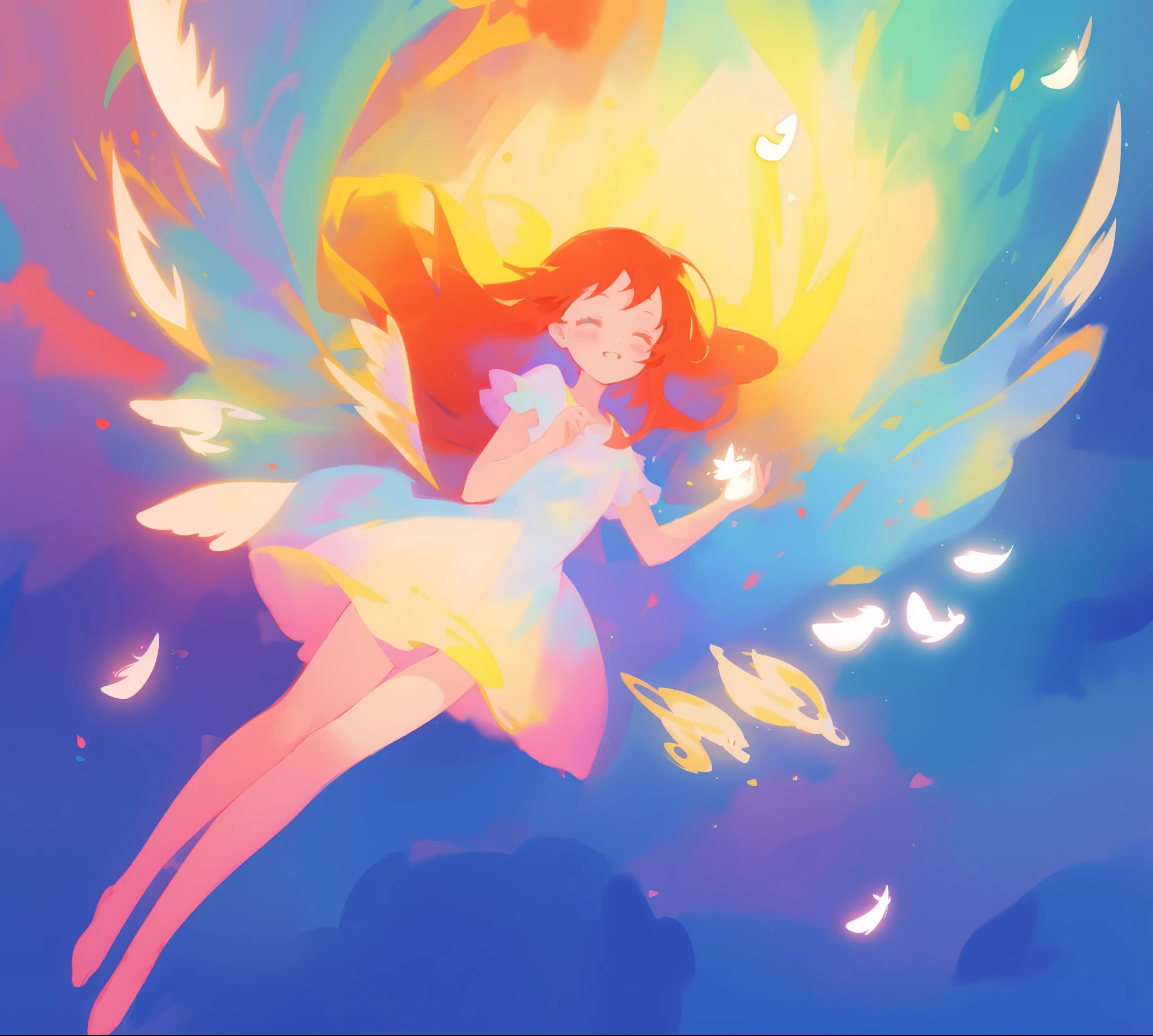 beautiful angel girl in colorful shimmering puffy dress, ((colorful angel wings)), vibrant pastel colors, long flowing red hair, colorful fantasia background, watercolor illustration, disney art style, beautiful digital illustration, beautiful, masterpiece, best quality, anime disney style, beautiful face