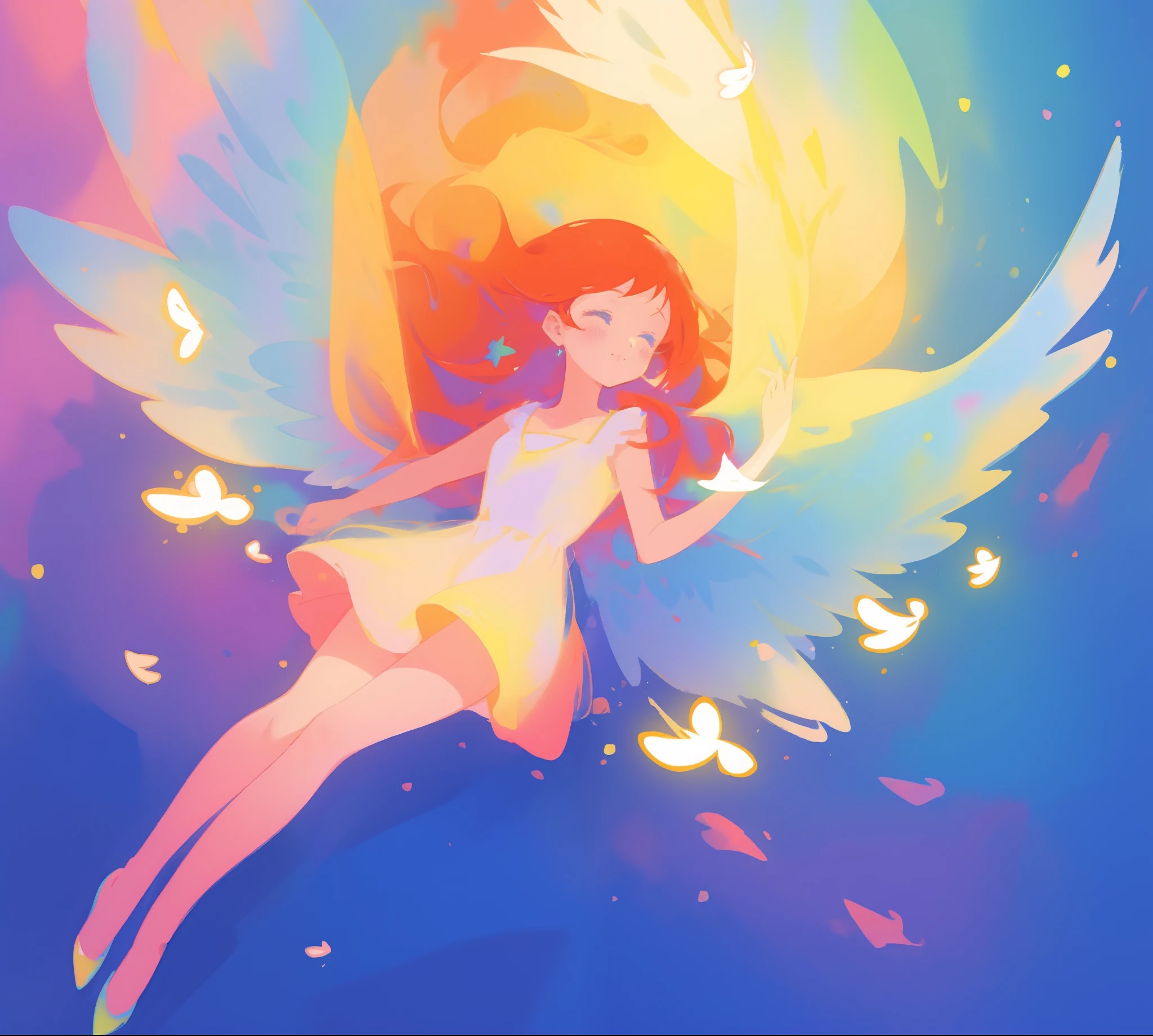 beautiful angel girl in colorful shimmering puffy dress, ((colorful angel wings)), vibrant pastel colors, long flowing red hair, colorful fantasia background, watercolor illustration, disney art style, beautiful digital illustration, beautiful, masterpiece, best quality, anime disney style, beautiful face