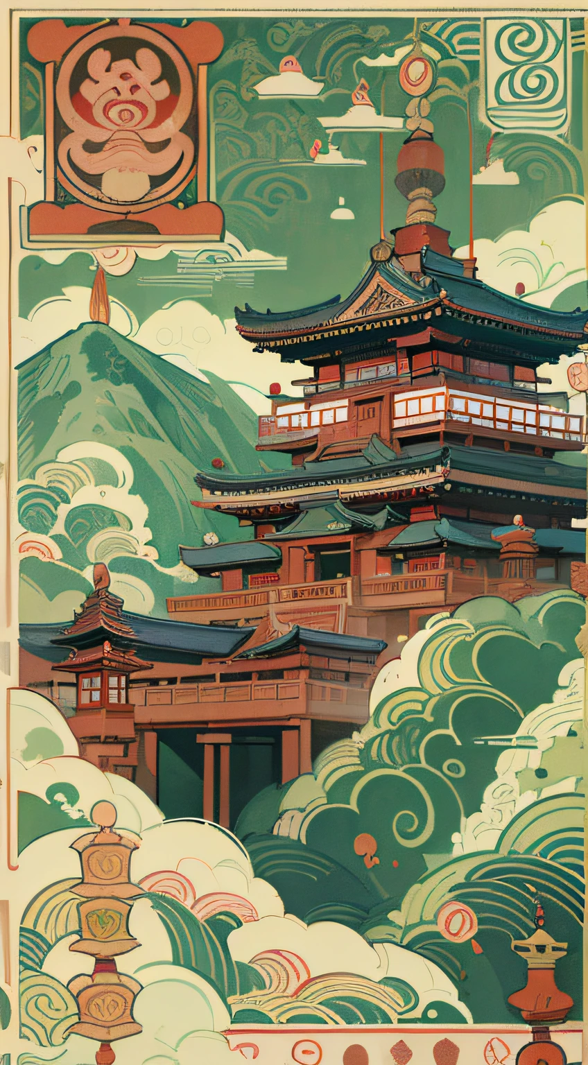 Close-up of a stamp with a Tibetan temple, Inspired by Nomi's poster art, behance contest winner, Ukiyo-e, Japanese inspired poster, japan poster, oriental art nouveau, victo ngai style, ( ( victo ngai ) ), illustrated poster, illustration!, artwork in style of sheng lam