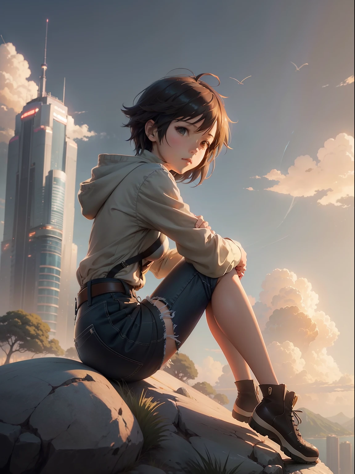 Anime girl sitting on rock looking at the sky,The distant Sky Piercing Tower, Makoto Shinkai Cyril Rolando, Anime art wallpaper 4 K, Anime art wallpaper 4k, cyril rolando and goro fujita, Anime art wallpaper 8 K, 4K anime wallpaper, Anime wallpaper 4 k, Anime wallpaper 4K, ( ( Makoto Shinkai ) ), Makoto Shinkai!