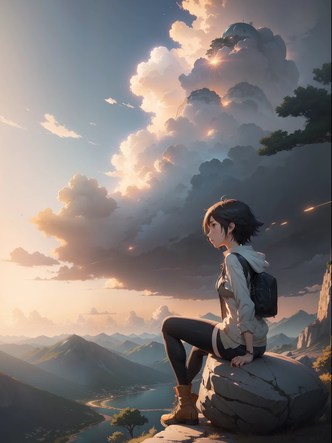 Anime girl sitting on rock looking at the sky,The distant Sky Piercing Tower, Makoto Shinkai Cyril Rolando, Anime art wallpaper 4 K, Anime art wallpaper 4k, cyril rolando and goro fujita, Anime art wallpaper 8 K, 4K anime wallpaper, Anime wallpaper 4 k, Anime wallpaper 4K, ( ( Makoto Shinkai ) ), Makoto Shinkai!