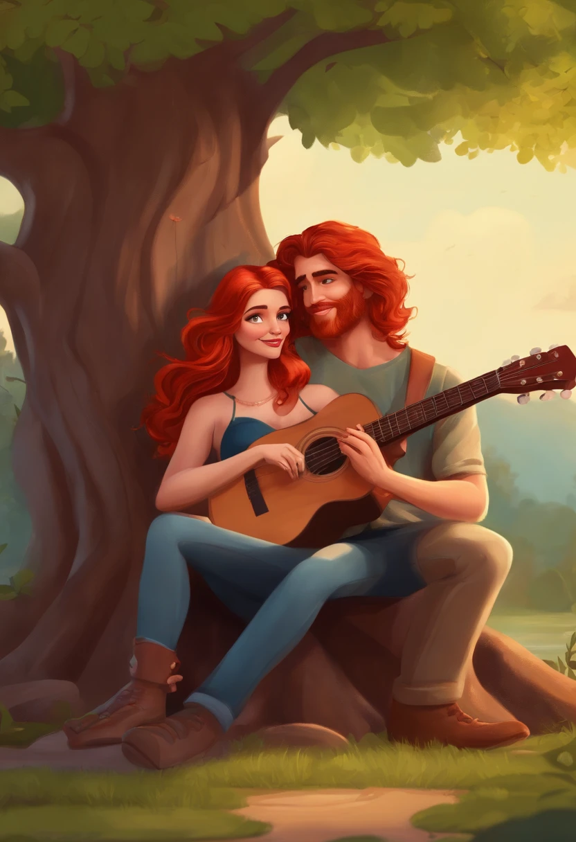 Cartoon character of a couple sitting under a tree. He's red-haired and holds a guitar. She is brunette and long-haired.