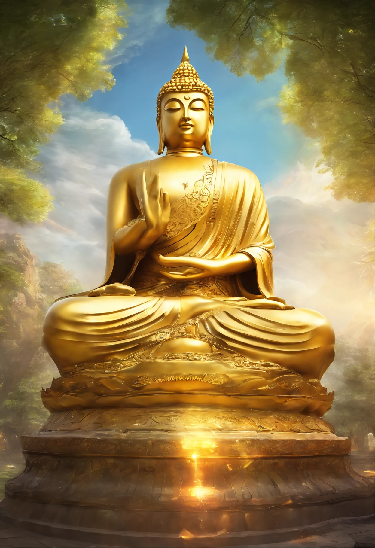 Estatua gigante de Buda en la distancia,estatua dorada de Buda, textura, alto, majestuoso, Imagen invertida, The background is illuminated by sunlight, towering trees, Los peregrinos recorren el camino. The composition is beautiful, Con obras maestras, Detalles, and high definition