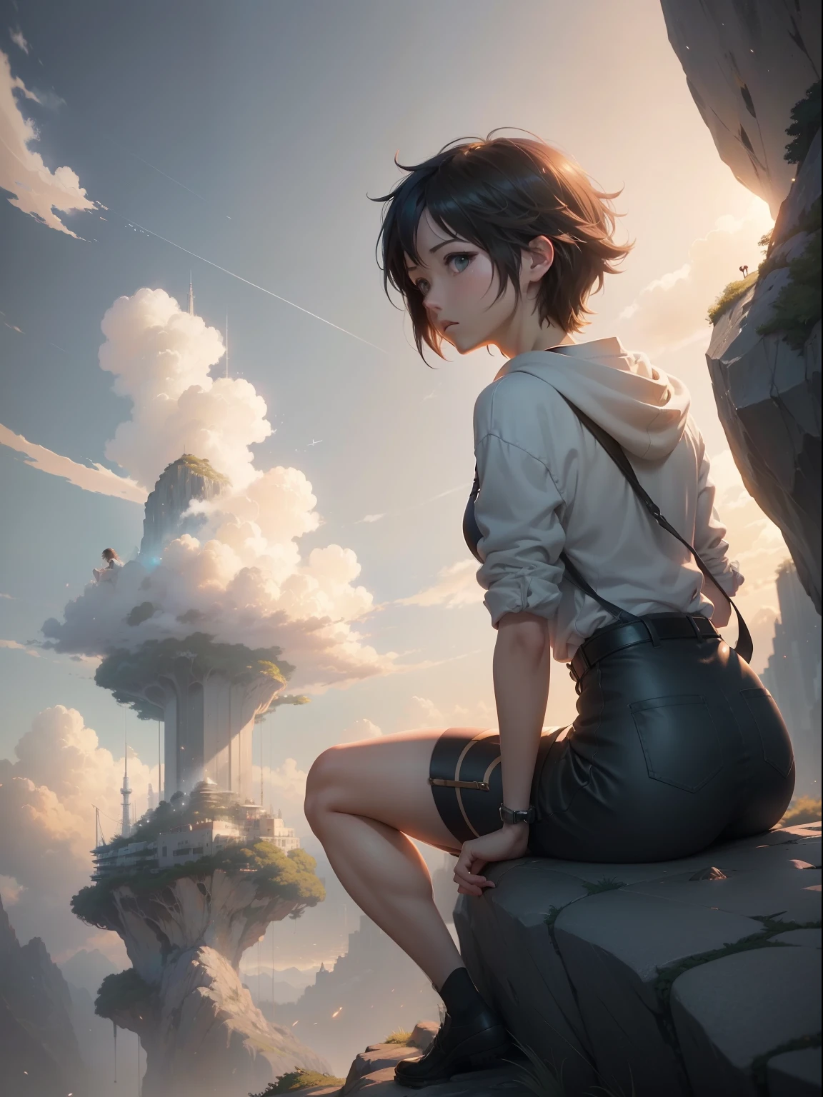 Anime girl sitting on rock looking at the sky,The distant Sky Piercing Tower, Makoto Shinkai Cyril Rolando, Anime art wallpaper 4 K, Anime art wallpaper 4k, cyril rolando and goro fujita, Anime art wallpaper 8 K, 4K anime wallpaper, Anime wallpaper 4 k, Anime wallpaper 4K, ( ( Makoto Shinkai ) ), Makoto Shinkai!