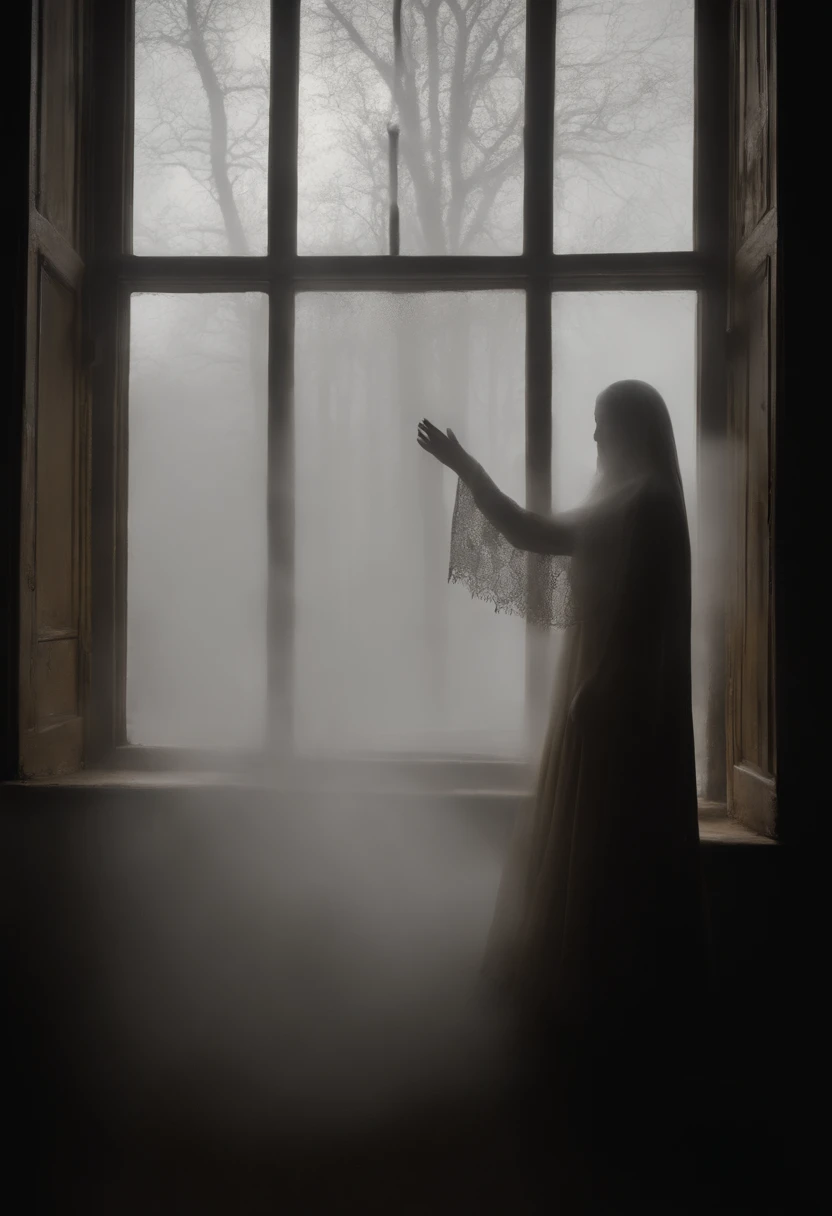 Create a vivid and eerie description of a ghostly figure, translucent and ethereal, as it gently hovers outside an old, fog-covered window on a stormy, moonless night. The ghost should be partially hidden in the mist, with its features only partially visible. Describe the way the ghost's hollow eyes fixate on the room within, and how its ghostly hand, with fingers like wisps of smoke, lightly presses against the glass, leaving faint, chilling condensation marks. Convey the sense of otherworldly presence and a touch of melancholy in this spectral peeping scene