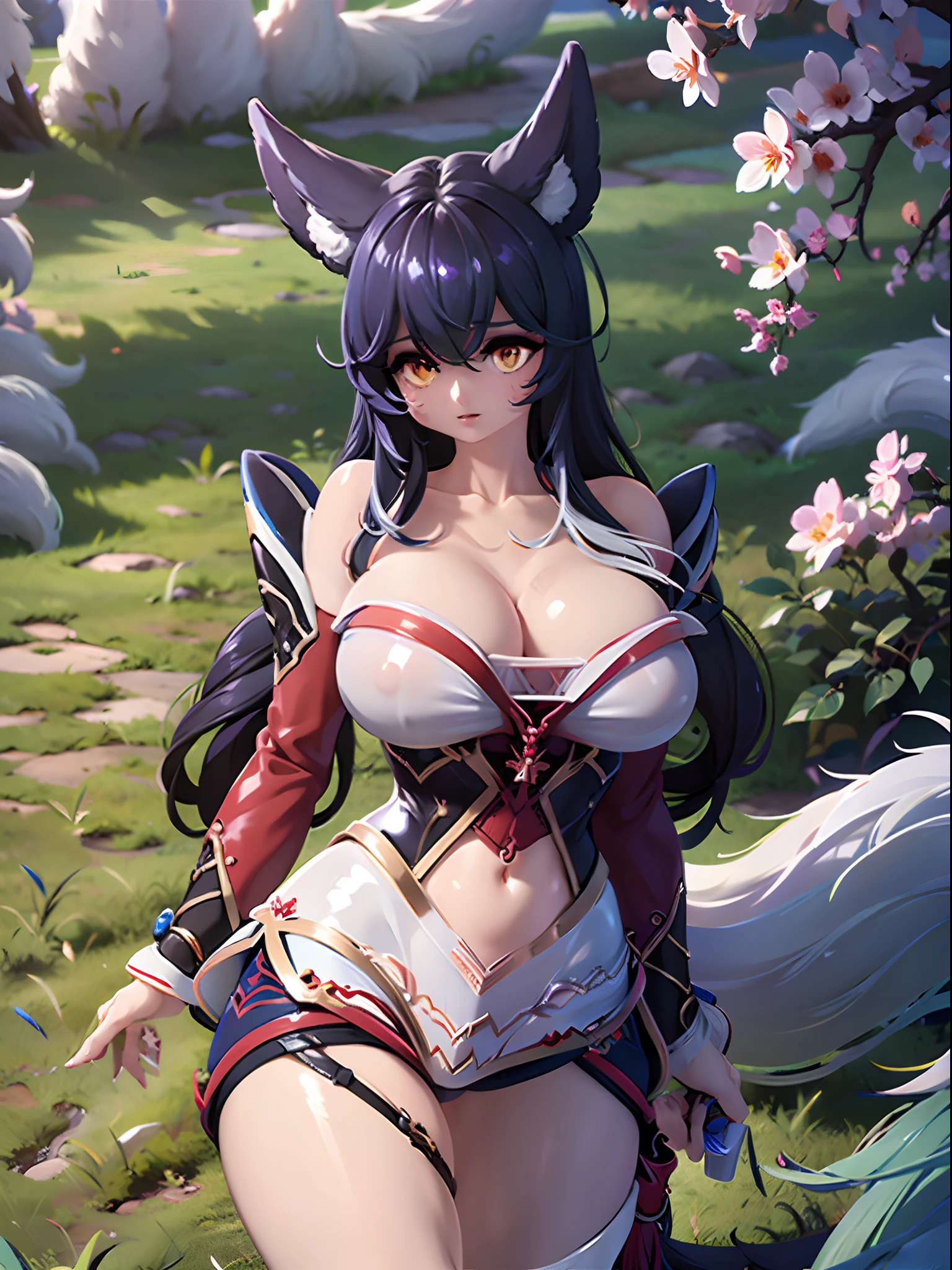 clothed, , sexy , ultra high res, ultra high quality, perfect anatomy, detailed, Yabby, huge breasts,((vullva)), sfw, (((crotch focus))), ((below view)), close up, furry, ahri, black hair, fox ears, panties, covered breasts, leg spread