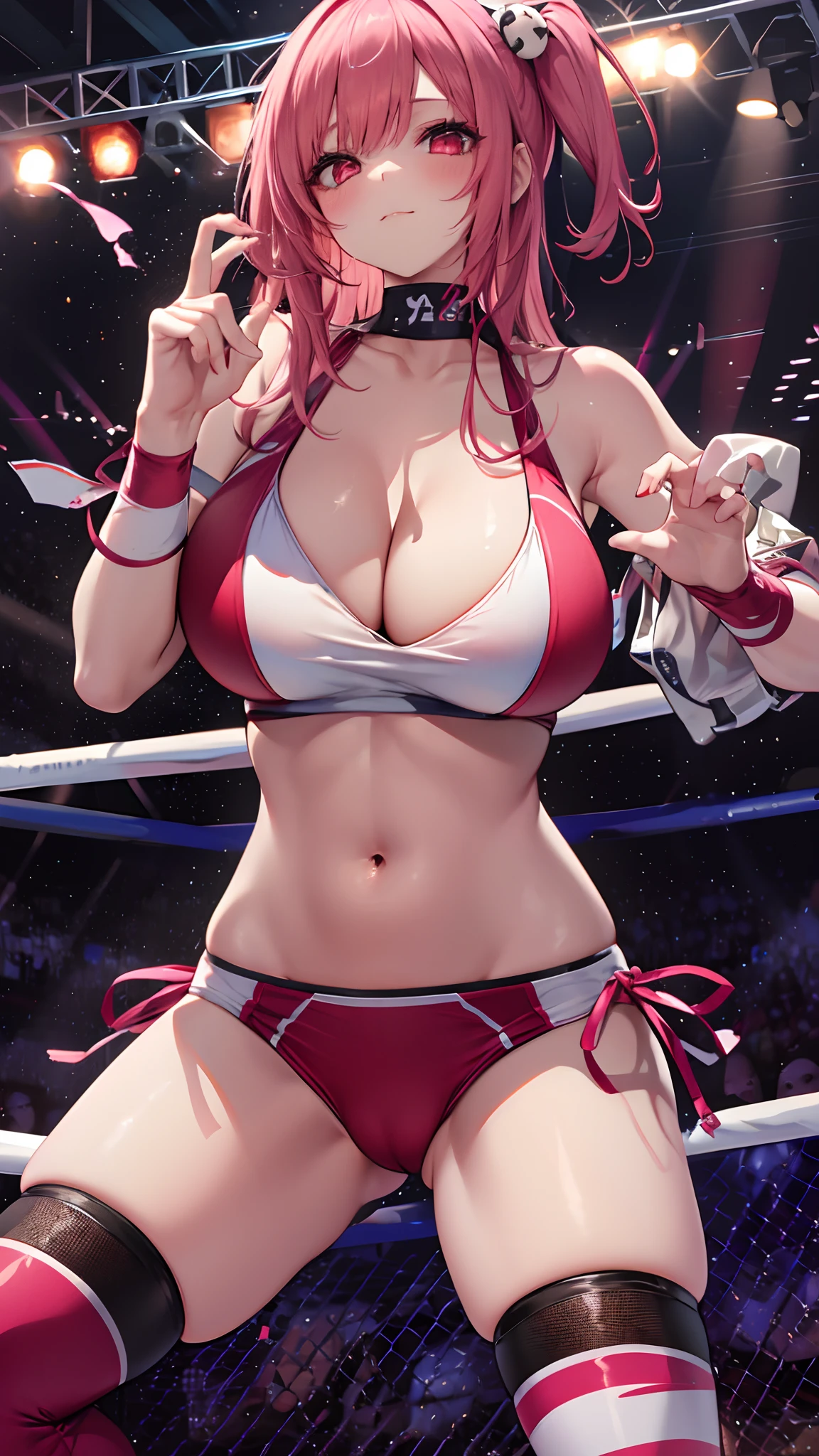 honokabkn, 1girl, breasts, solo, huge breasts, looking at viewer, blush, closed mouth, standing, cleavage, skindentation, wrestling outfit, pink hair, red eyes