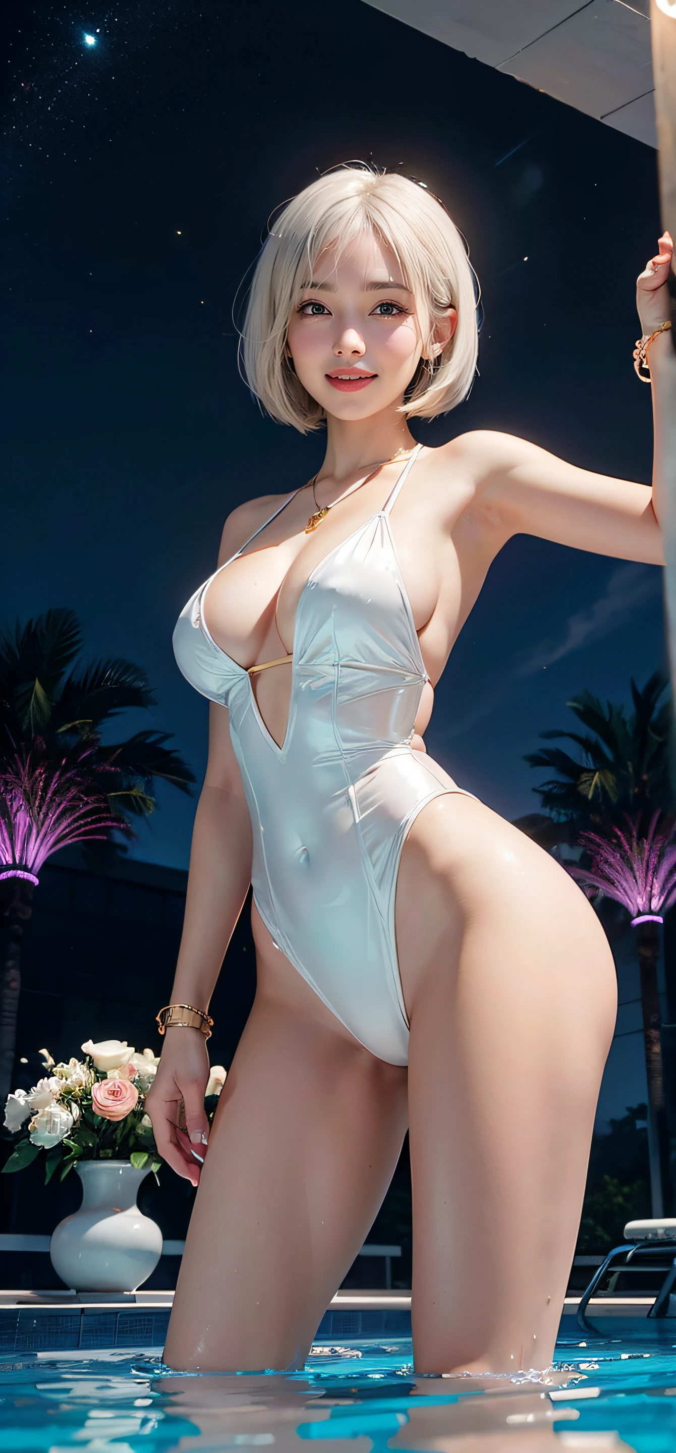 official art, unity 8k wallpaper, (best quality, masterpiece:1.2), raw photo, photorealistic, full color, white Short Bob,,(glossy:1.3), (luster:1.3), ((white long hairstyle:1.2)),,(glossy:1.2), (luster:1.3), (huge breasts:0.95),(white Short Bob:1.4),pale skin, (cowboy shot:1.2), (front view),(underboob:1.2), (sideboob:1.2), (underboob:1.4), (sideboob:1.3),, anklets, necklace, rings, earrings,thin_legs, pale skin, narrow_waist,reflection, (smiling:1.2),(pale pink glossy lips:0.3),(symmetrical clear eyes:1.3), best hands,elegant,white_skin, (bangs:0.8), (white short bob hairstyle:1.4),(upper thigh), (high-leg one-piece gold swimsuit),(luster:1.2) ,(glossy:1.2) ,(lot of spotlights to body), (contrapposto:1.3), (open stance:1.3), stylish pose, Sparkling Jewelry BREAK (At the rooftop night pool:1.3), (the Infinity Pool at Marina Bay Sands), (electric decorations and multicolor lighting), (Underwater multicolor neon Lighting),abs,(long legs:1.3),(highly clear water)celets, anklets, fantastic sky, A luxurious pool with all gold materials mirror-finished, a pool that uses plenty of gold materials, poolside chairs and tables using luxurious gold, and a polished marble floor inlaid with gold. , Golden columns with beautiful and delicate carvings, Greek architectural style interior and exterior, shining water surface, diffused reflection of light blown by the wind. ), shimmering water, diffused reflection of light. mirror finish) ,(from below:1.1), ,light-up pool,(pan focus:1.4), marble floor, indirect lighting, floor lights, expensive pool side chair, (night view), crystals_table, ((lot of beautiful colorful flowers are arranged in luxurious vases)), (creating a luxurious and luxurious atmosphere.),(starry sky:0.9), wine glass, wine bottle, lot of spotlight,