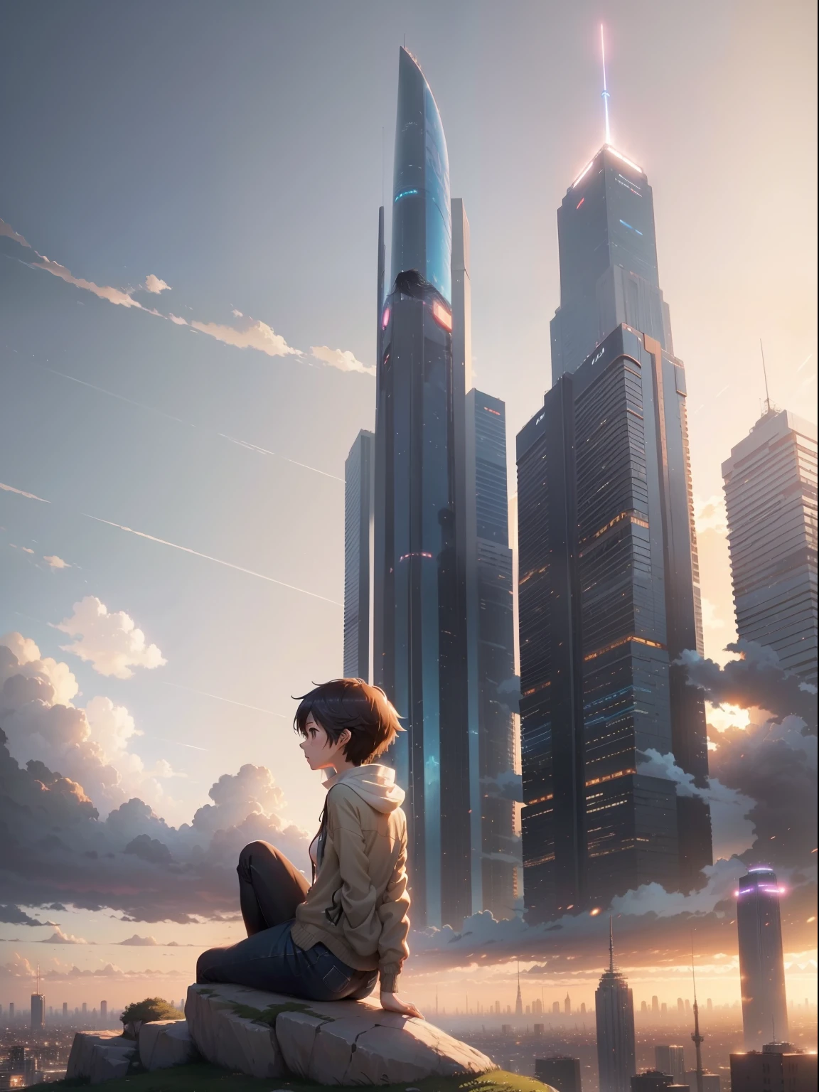 Anime girl sitting on rock looking at the sky,The distant Sky Piercing Tower, Makoto Shinkai Cyril Rolando, Anime art wallpaper 4 K, Anime art wallpaper 4k, cyril rolando and goro fujita, Anime art wallpaper 8 K, 4K anime wallpaper, Anime wallpaper 4 k, Anime wallpaper 4K, ( ( Makoto Shinkai ) ), Makoto Shinkai!