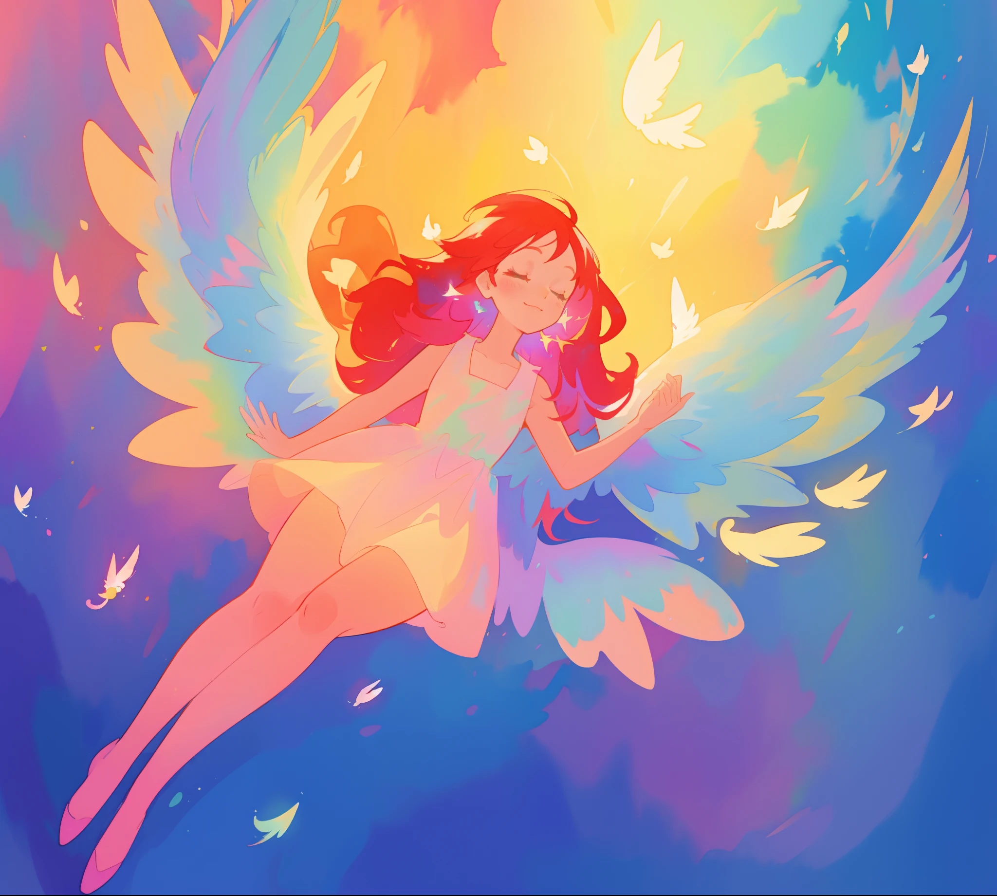 beautiful angel girl in colorful shimmering flowing dress, ((colorful angel wings)), vibrant pastel colors, long flowing red hair, colorful fantasia background, watercolor illustration, disney art style, beautiful digital illustration, beautiful, masterpiece, best quality, anime disney style, beautiful face