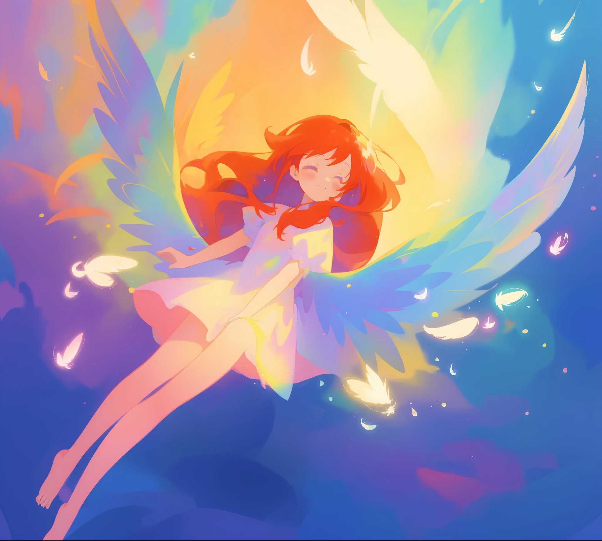 beautiful angel girl barefoot in shimmering puffy dress, ((colorful angel wings)), vibrant pastel colors, long flowing red hair, colorful fantasia background, watercolor illustration, disney art style, beautiful digital illustration, beautiful, masterpiece, best quality, anime disney style, beautiful face, ((rainbow angel feathers)), ((angel)), ((angel wings))