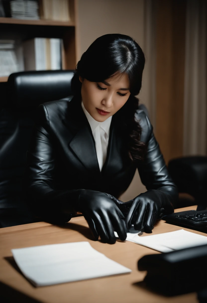 Wearing black leather gloves on both hands, Upper body, Black business suit, Facing the desk in my room with a computer in the dark, Tapping the keys on the computer keyboard with the fingertips of black leather gloves while looking at the screen, Black hair was tied back for a long time, Japan Female New Employees (Black leather gloves cover both hands) (The angle is frontal)