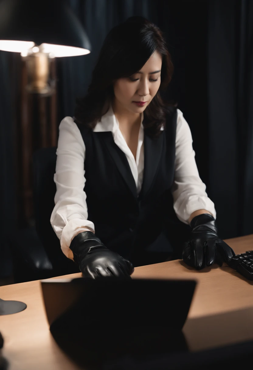 Wearing black leather gloves on both hands, Upper body, Black business suit, Facing the desk in my room with a computer in the dark, Tapping the keys on the computer keyboard with the fingertips of black leather gloves while looking at the screen, Black hair was tied back for a long time, Japan Female New Employees (Black leather gloves cover both hands) (The angle is frontal)