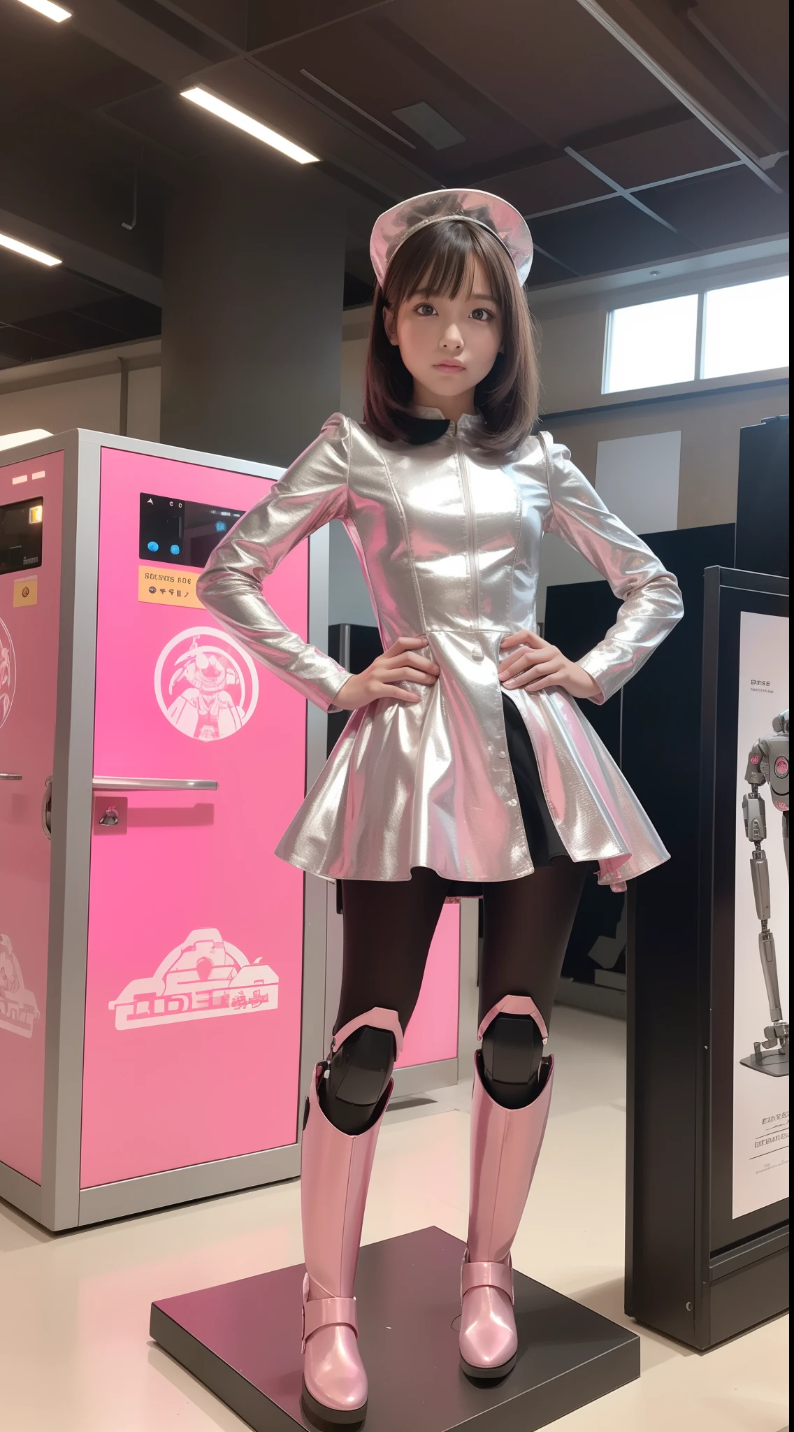 Robot Girl, pink there, Silver, Metallic body, Robot Parts, Metal Parts, Super Detailed Face, Super well-formed face, of the highest quality, a small face, small head, Brown hair, Slender body, Camera gaze, Internal Mechanical Exposure, Idol, front facing, Well-proportioned body, sale, Exhibited, Event Hall, Moe Pose, Pink Metallic Maid Dress Machine Armor, Standing with legs open, Hands on hips, Model body type, sad, Embarrassing,(Perfect Robot Girl),(Perfect machine body)