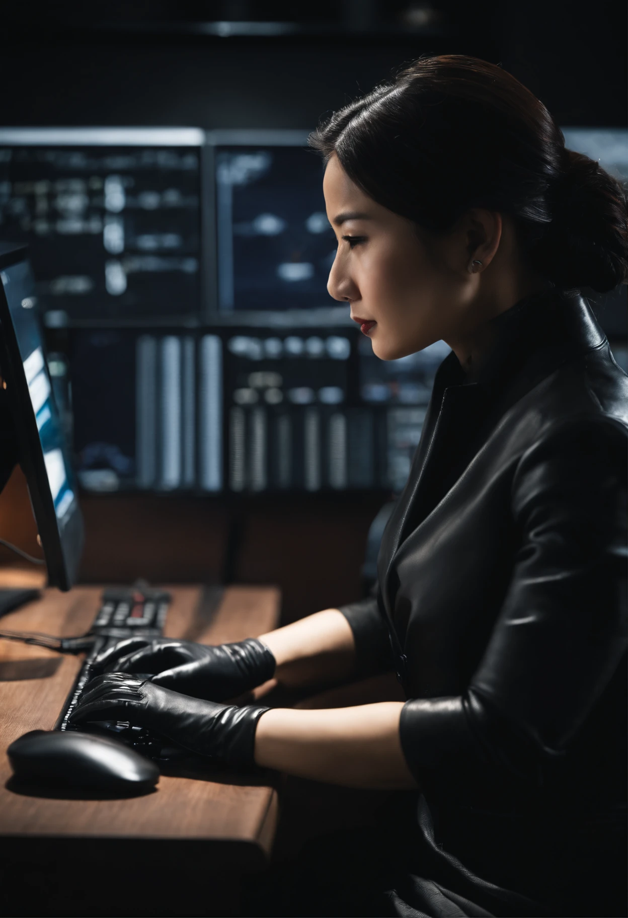 Wearing black leather gloves on both hands, Upper body, Black business suit, Facing the desk in my room with a computer in the dark, Tapping the keys on the computer keyboard with the fingertips of black leather gloves while looking at the screen, Black hair was tied back for a long time, Japan Female New Employees (Black leather gloves cover both hands) (The angle is frontal)
