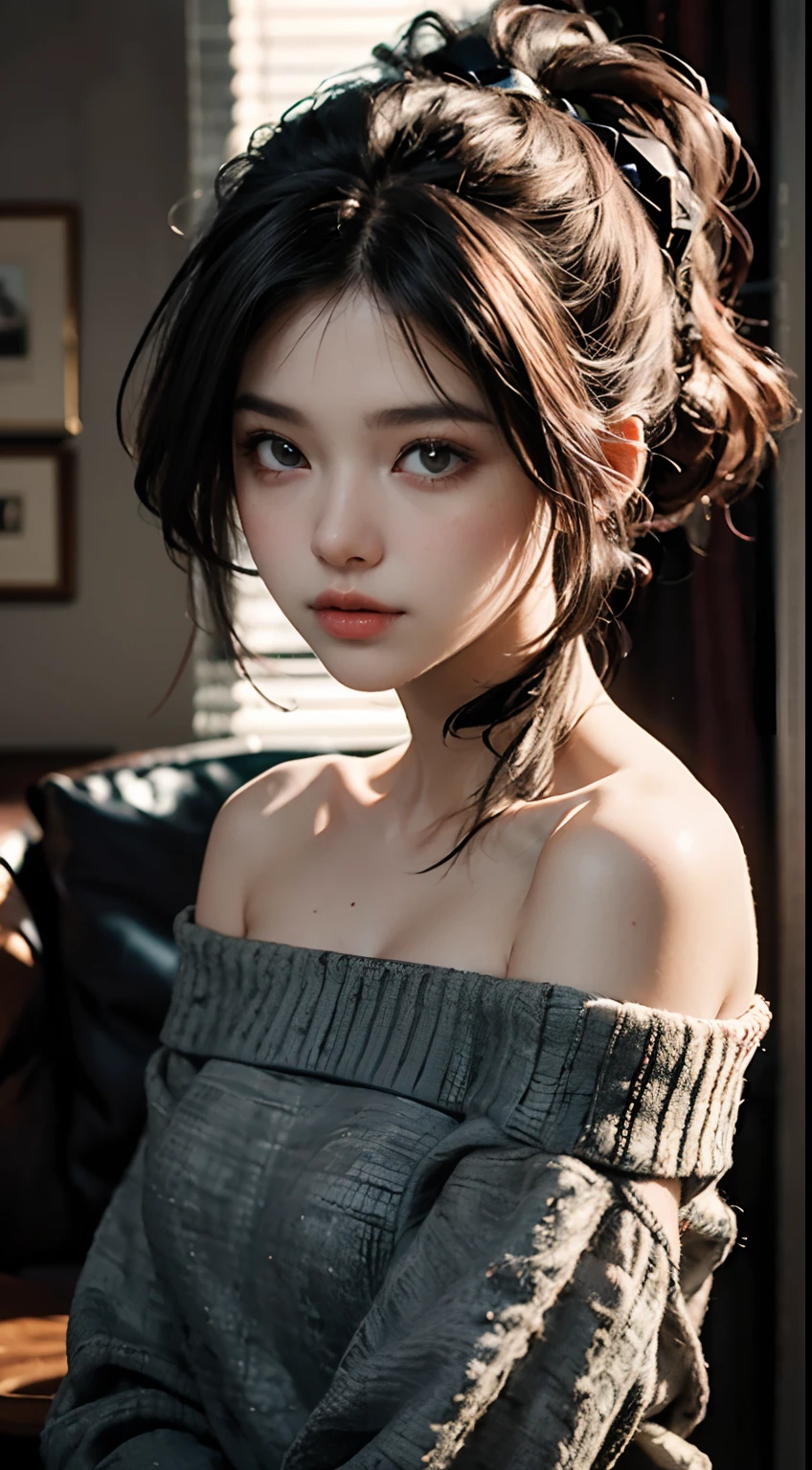 1 girl in, age 22, Alone, short shoulder length straight hair, smiling flirtatious, black fur, green eyes, joya, White skin, realist, a sexy one, sitting on a sofa, biting her loose white sweater, While biting it he lifts it up, In his bedroom.