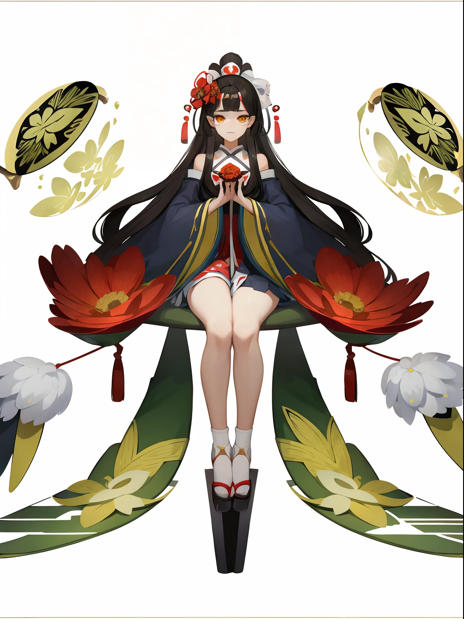 A girl playing a solo, in a full-body portrait style, with clear facial features. She is wearing a hair accessory, a bow, and sitting in front of a gigantic red poppy flower. The overall design should be simple with clean lines. The character design should have elements of Japanese woodblock print style. Incorporate traditional Japanese elements and detailed artwork from the game Onmyoji. Use flat colors to enhance the composition. The artwork should be a masterpiece, showcasing top quality and high resolution. Emphasize the beautiful eyes and face with extremely detailed and exquisite facial features.