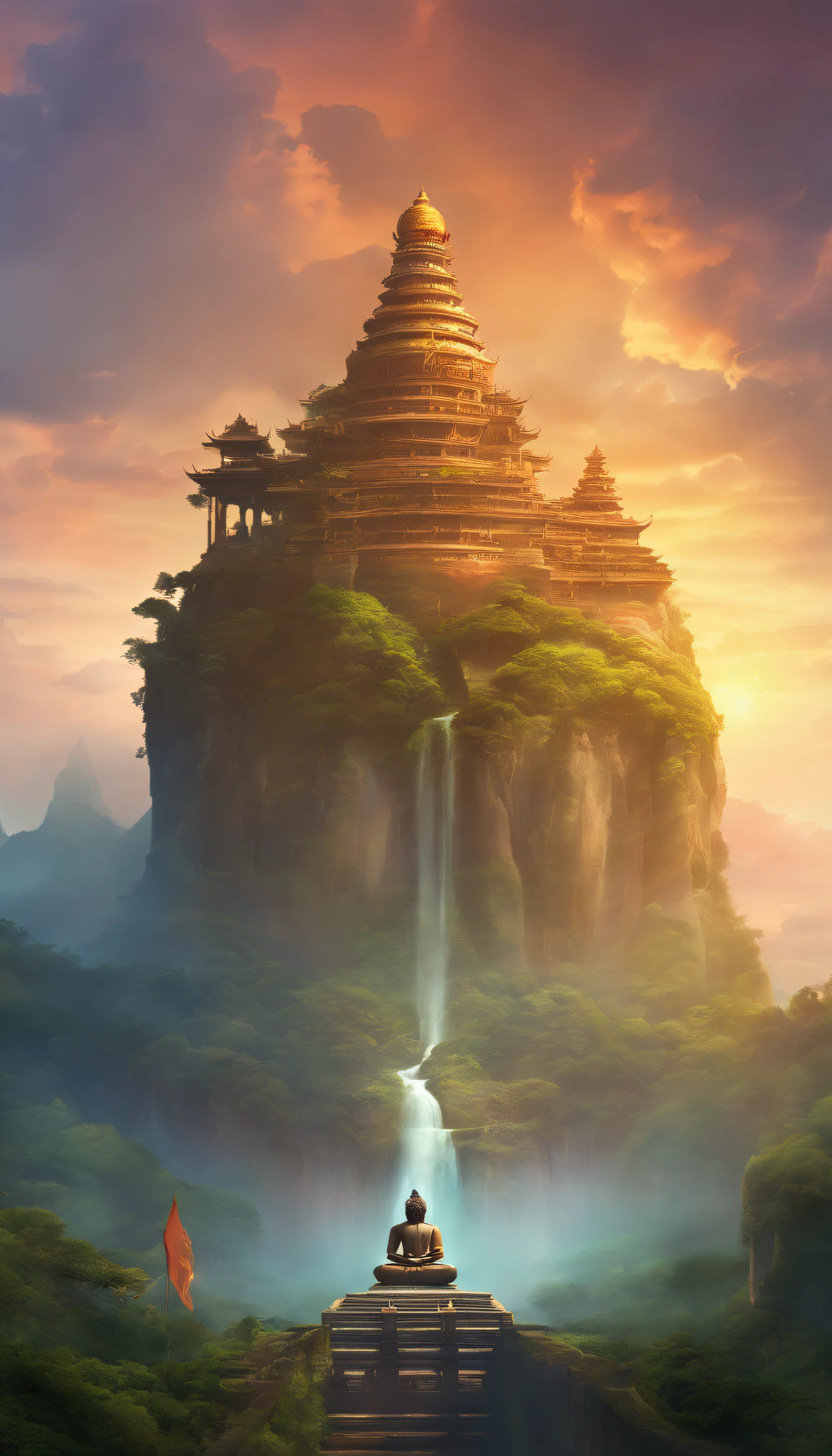 A giant, Realistic depiction of Leshan Buddha, Blend seamlessly with nature, surrealism, Ultra-detailed, Photorealistic:1.37, 3D rendering of, Cinematic lighting, Divine light, Ultra-high definition, Masterpiece:1.2, Textured skin, Best quality, high resolution