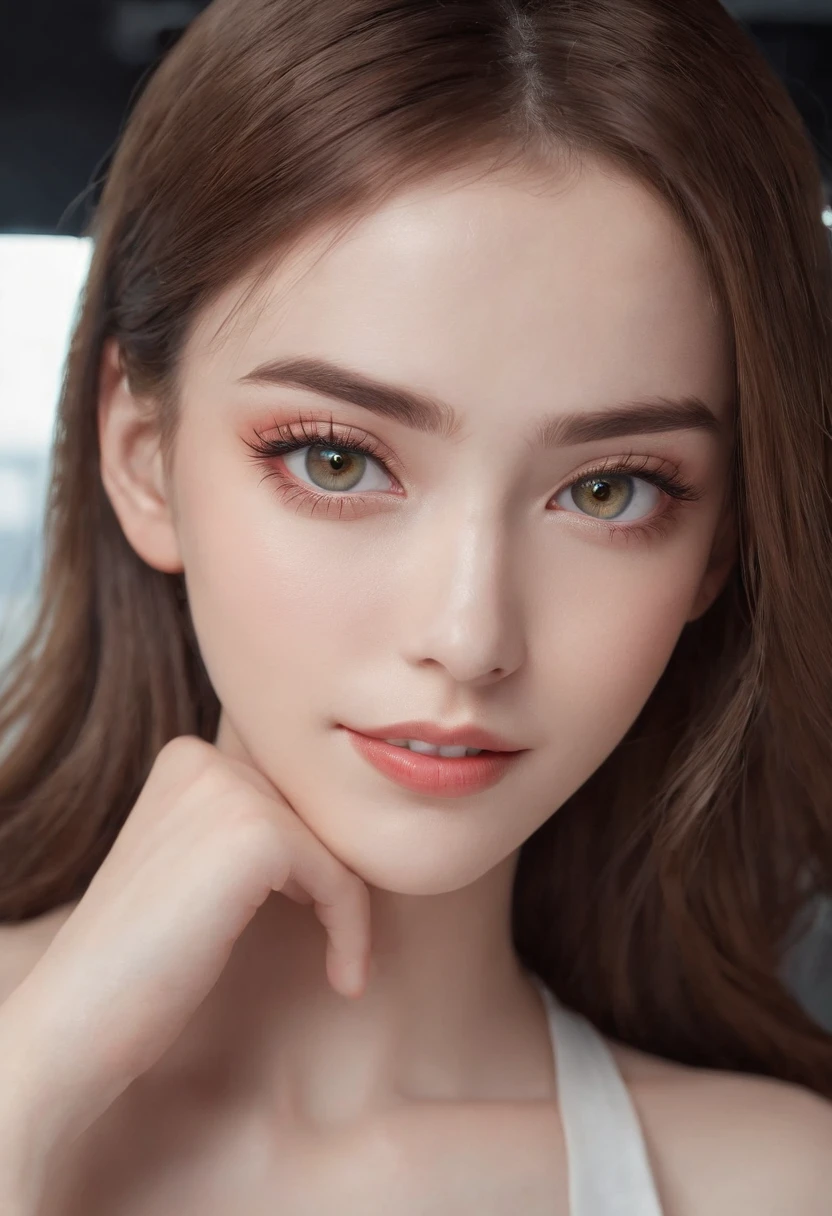 (best quality, 4k, 8k, high resolution, masterpiece: 1.2), beautiful detailed eyes, piercing gaze, eyes with heterochromia, brown hair, piercing gaze, ultra-detailed, realistic, light brown hair color, intense expression, intense heterochromia, Fascinating beauty, vivid colors, professional lighting. A 27-year-old woman sitting on a train, smiling. (best quality, high resolution, realistic), detailed eyes and lips, cozy atmosphere, warm lighting, ride ride, European train