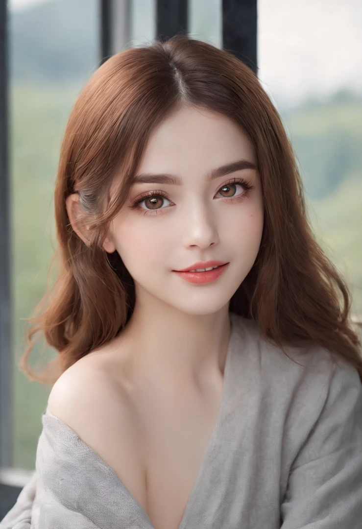 beautiful woman, french woman, smiling, masterpiece, best quality, ultra detailed, photo realistic, full upper body, portrait, shiny eyes, detailed face, beautiful eyes, brown eyes, detailed eyeshadows, brown hair, uneven shag middle parting hairstyle, red lip, makeup, (attractive:1.5), sharp focus, puffy eyes, (short hair:1.1), orange sweater, (beautiful:1.5)