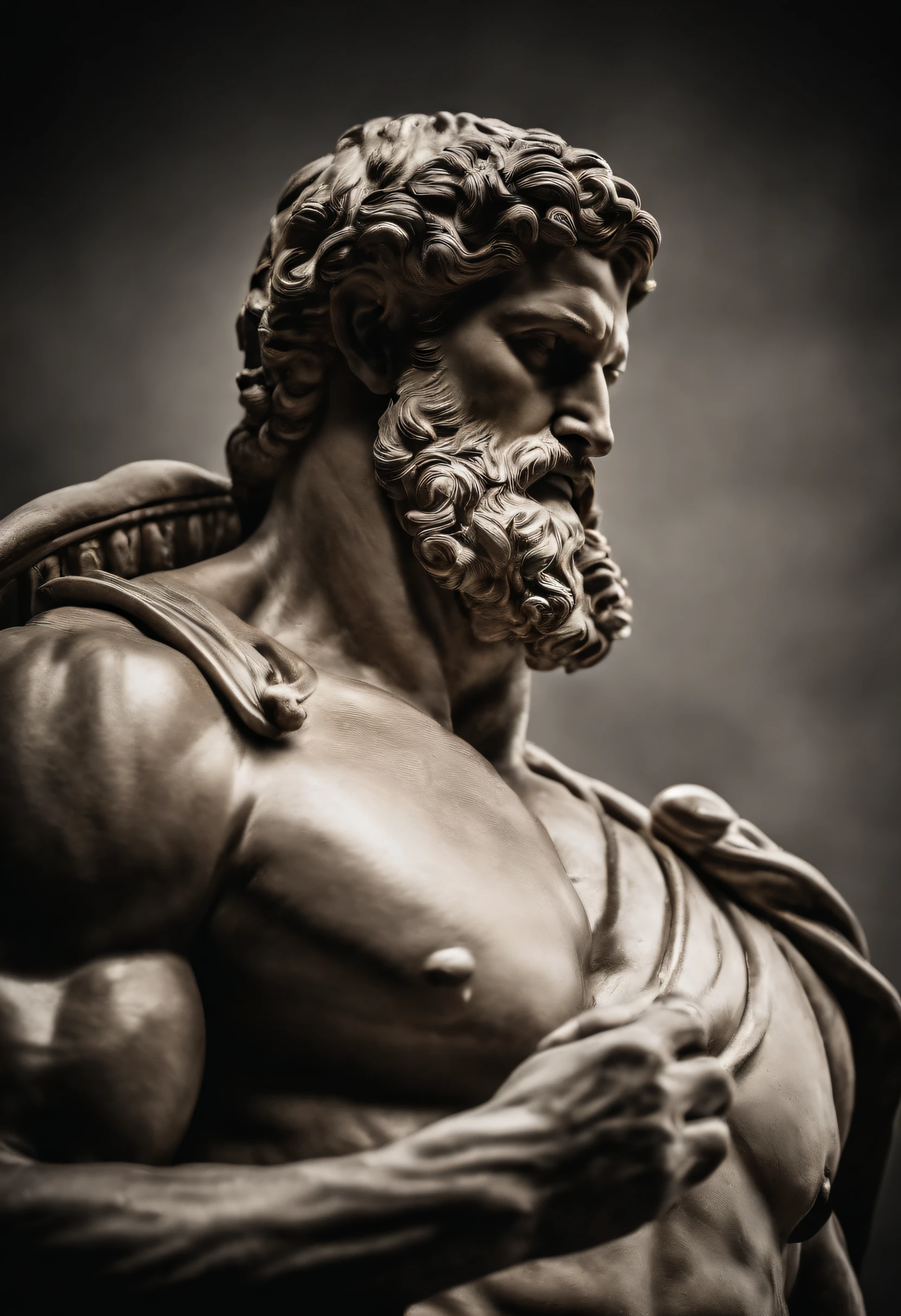 Hercules-style Greek stoic statue with highlighted muscles dark background