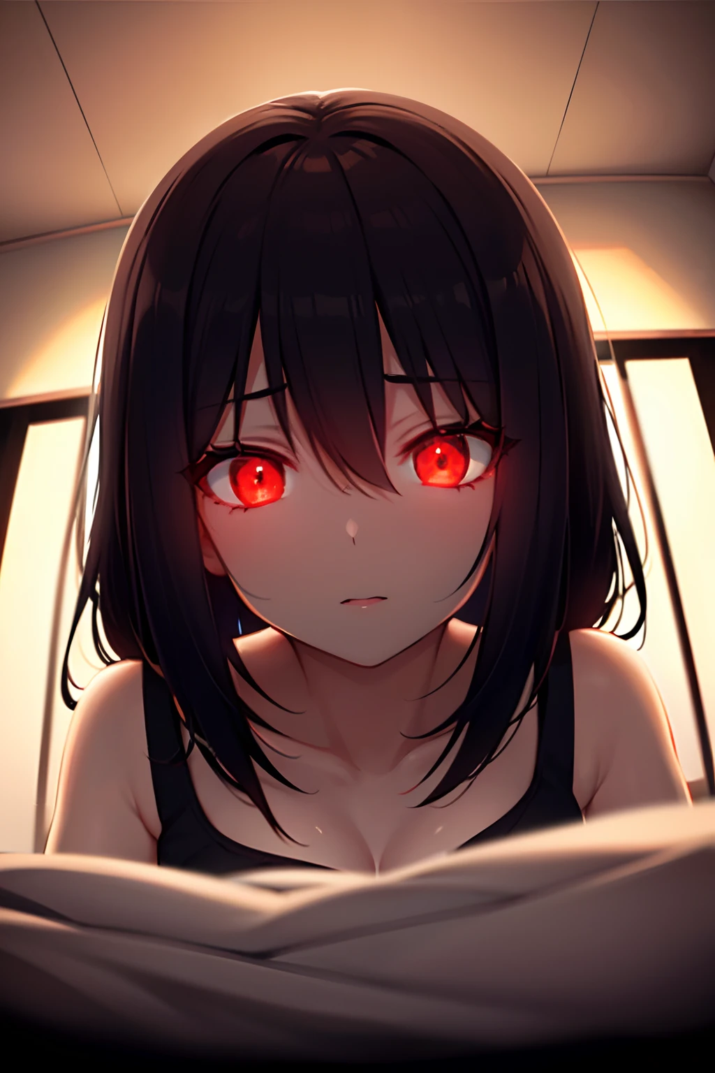 A dark silhouette of a girl on you while your in bed in the dark, ((POV)), ((bright red glowing eyes))
