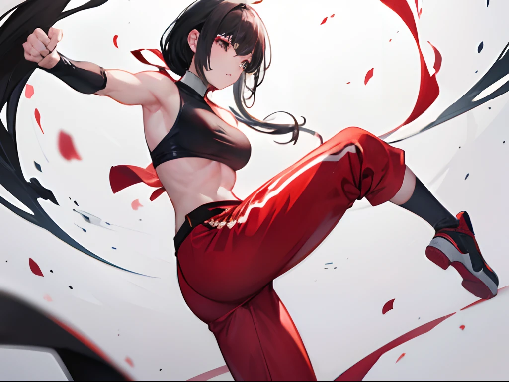 woman martial arts fighter black hair shirtless wearing sashes that cover her breasts long red pants performing a kick