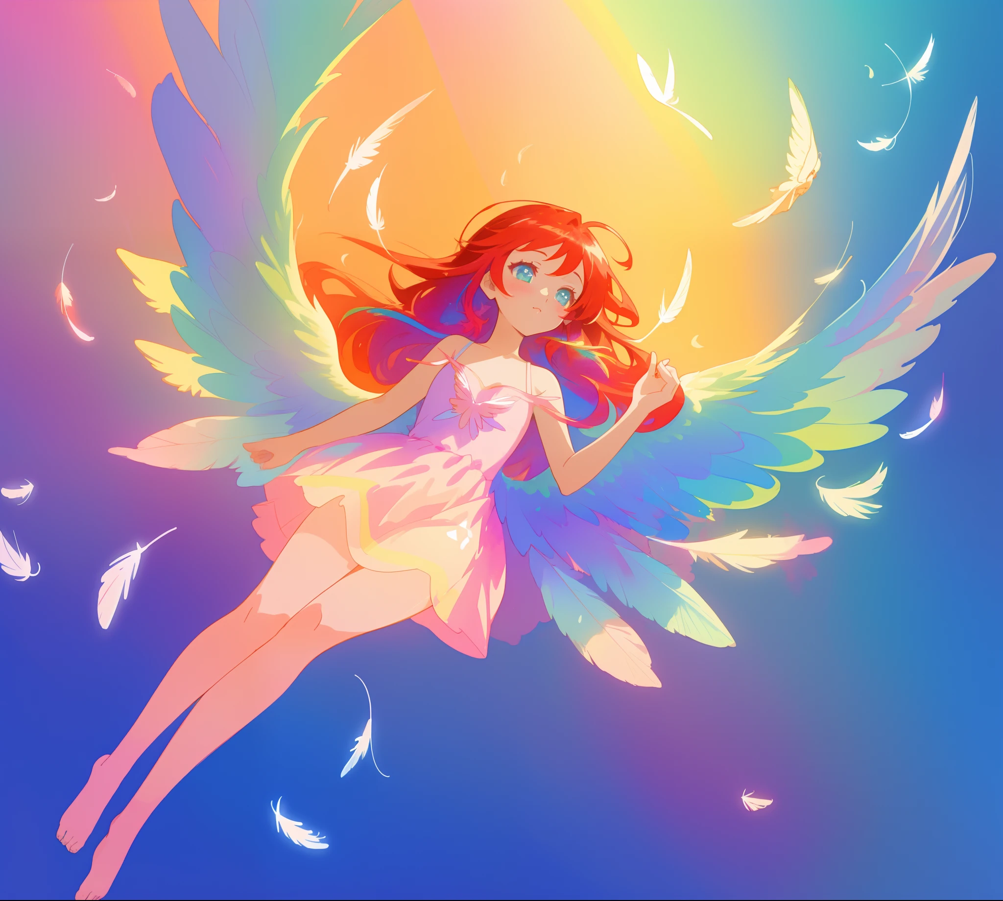 beautiful angel girl barefoot in shimmering tutu dress, ((colorful angel wings)), vibrant pastel colors, long flowing red hair, colorful fantasia background, watercolor illustration, disney art style, beautiful digital illustration, beautiful, masterpiece, best quality, anime disney style, beautiful face, ((rainbow angel feathers)), ((angel)), ((angel wings))