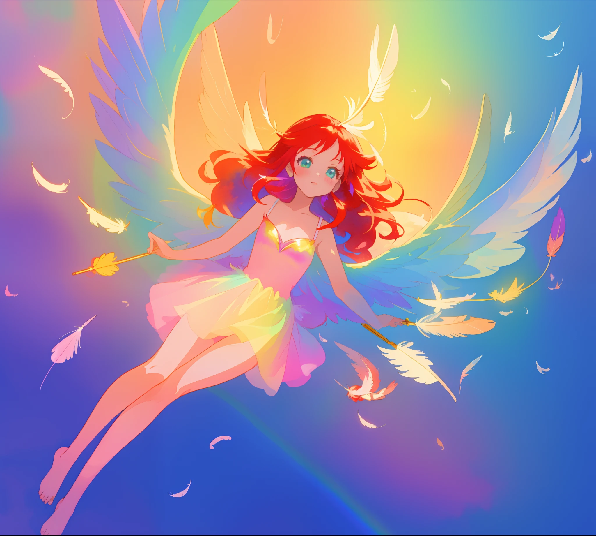 beautiful angel girl barefoot in shimmering tutu dress, ((colorful angel wings)), vibrant pastel colors, long flowing red hair, colorful fantasia background, watercolor illustration, disney art style, beautiful digital illustration, beautiful, masterpiece, best quality, anime disney style, beautiful face, ((rainbow angel feathers)), ((angel)), ((angel wings))