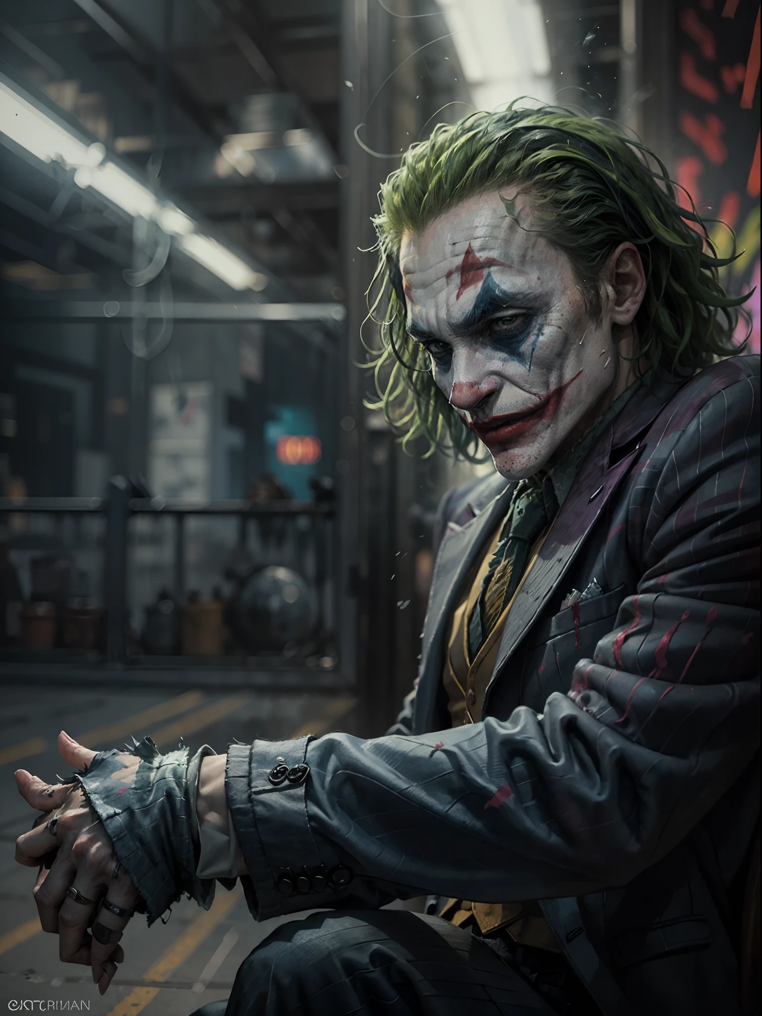 Generate a hyper-realistic AI artwork in the style of Heath Ledger's iconic portrayal of the Joker, with the goal of achieving the highest resolution possible. The artwork should capture the essence of his character with meticulous attention to detail. Heath Ledger's Joker should be the central focus, exhibiting his distinct makeup, scars, and the maniacal expression that defined his performance. The lighting should be intense and dynamic, emphasizing the depth of his character and adding a dramatic flair to the scene. The background should reflect the gritty and chaotic Gotham City, setting the mood for the character. Please ensure the artwork brings out the essence of Heath Ledger's Joker, exuding an aura of unpredictability, chaos, and intensity.