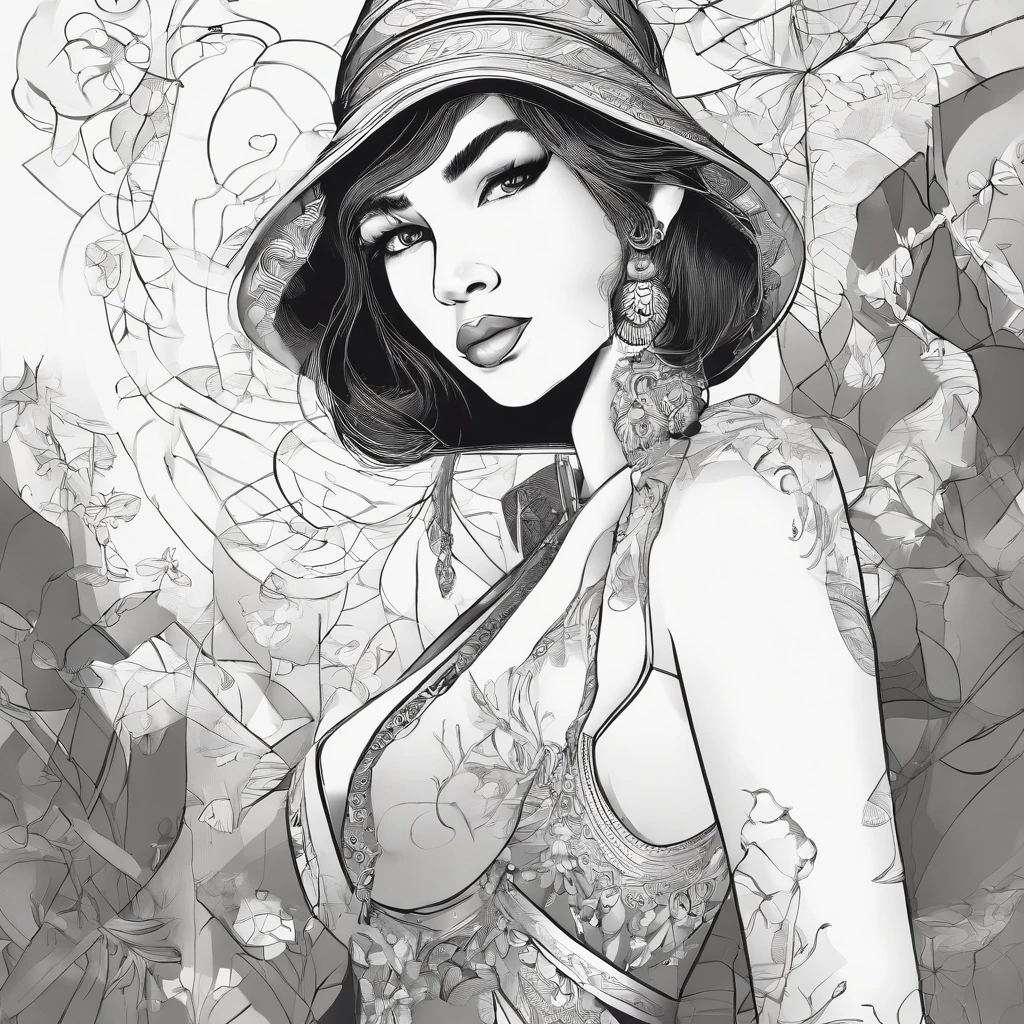 A girl in a black and white anime style, standing in a straight pose. The girl has detailed lineart, with black hair and white skin. She has a detailed face with beautiful eyes, nose, and lips. The girl is standing with a confident and elegant posture. Her attire is stylish and matches the anime theme. The background is simple and clean. The image has high resolution and is ultra-detailed, with sharp focus and professional quality. The lighting is well-balanced, highlighting the girl's features and giving a sense of depth to the image. The color palette is monochromatic, with shades of gray and black. The image has a line art effect, emphasizing the outlines and giving it a bold and graphic look.