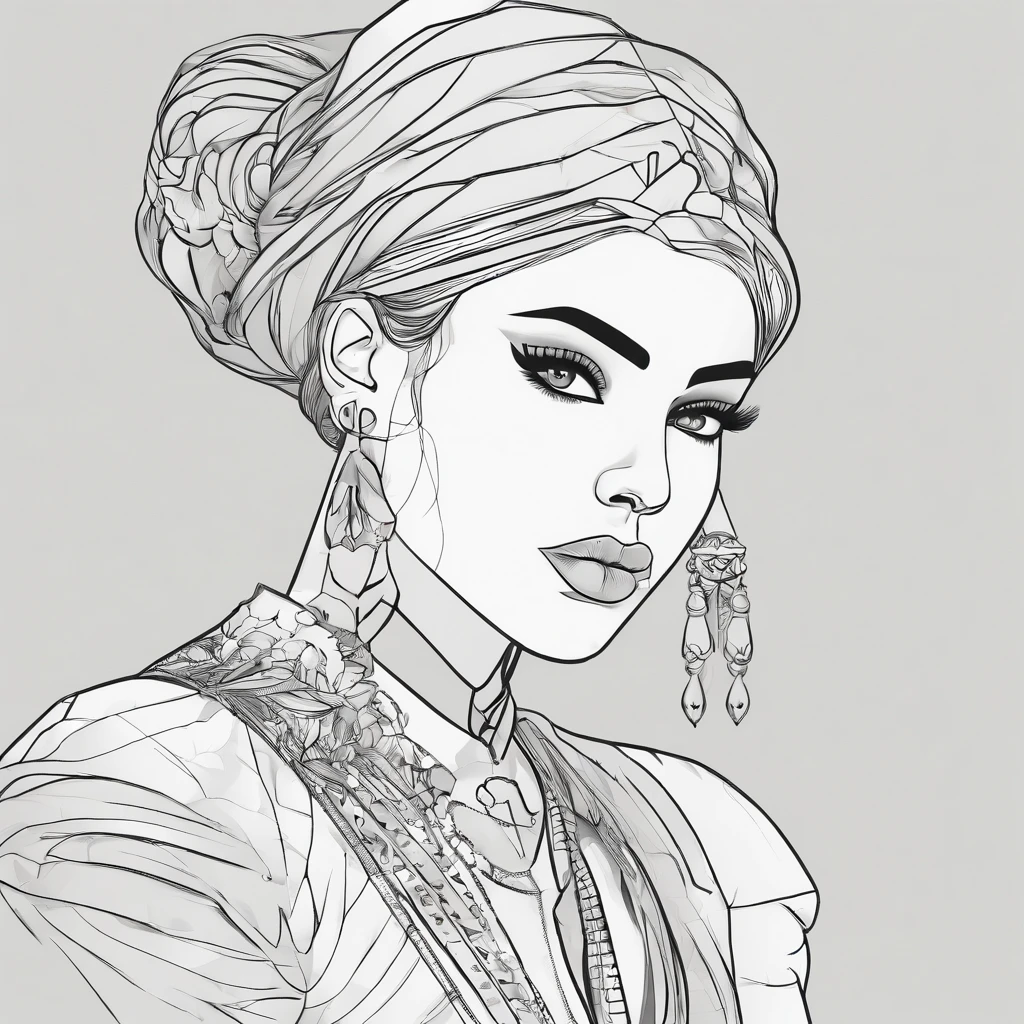 A girl in a black and white anime style, standing in a straight pose. The girl has detailed lineart, with black hair and white skin. She has a detailed face with beautiful eyes, nose, and lips. The girl is standing with a confident and elegant posture. Her attire is stylish and matches the anime theme. The background is simple and clean. The image has high resolution and is ultra-detailed, with sharp focus and professional quality. The lighting is well-balanced, highlighting the girl's features and giving a sense of depth to the image. The color palette is monochromatic, with shades of gray and black. The image has a line art effect, emphasizing the outlines and giving it a bold and graphic look.