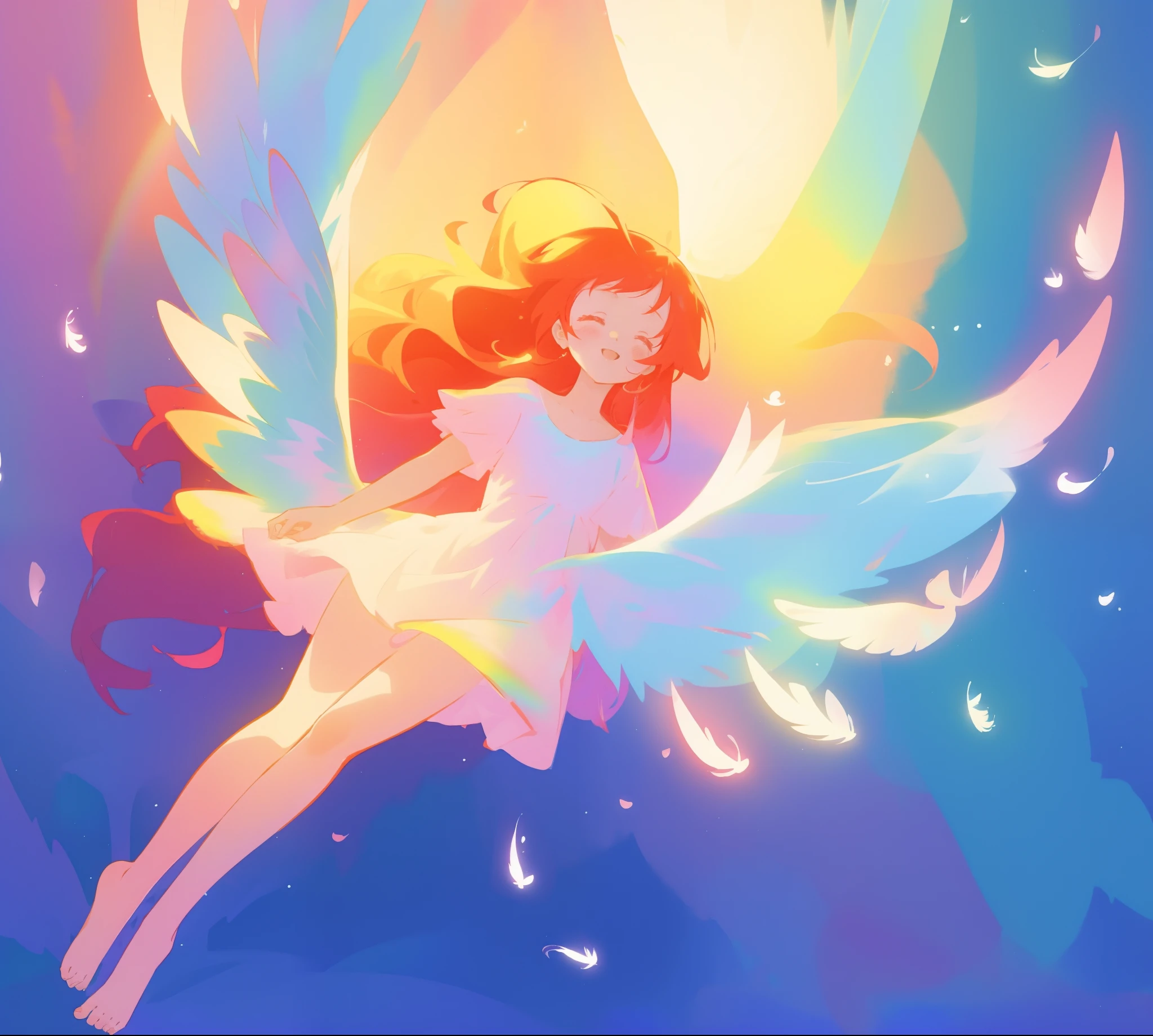 beautiful angel girl barefoot in shimmering tutu dress, ((colorful angel wings)), vibrant pastel colors, long flowing red hair, colorful fantasia background, watercolor illustration, disney art style, beautiful digital illustration, beautiful, masterpiece, best quality, anime disney style, beautiful face, ((rainbow angel feathers)), ((angel)), ((angel wings))