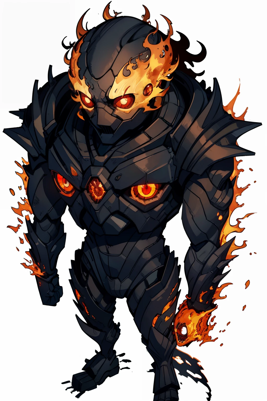 a non-human entity made of metal and fire, non-human entity made of magma, deformed, several eyes on its face, missing one of its arms, LAVA COVERED CRACKS ALL OVER THE BODY, full body, detailed lineart