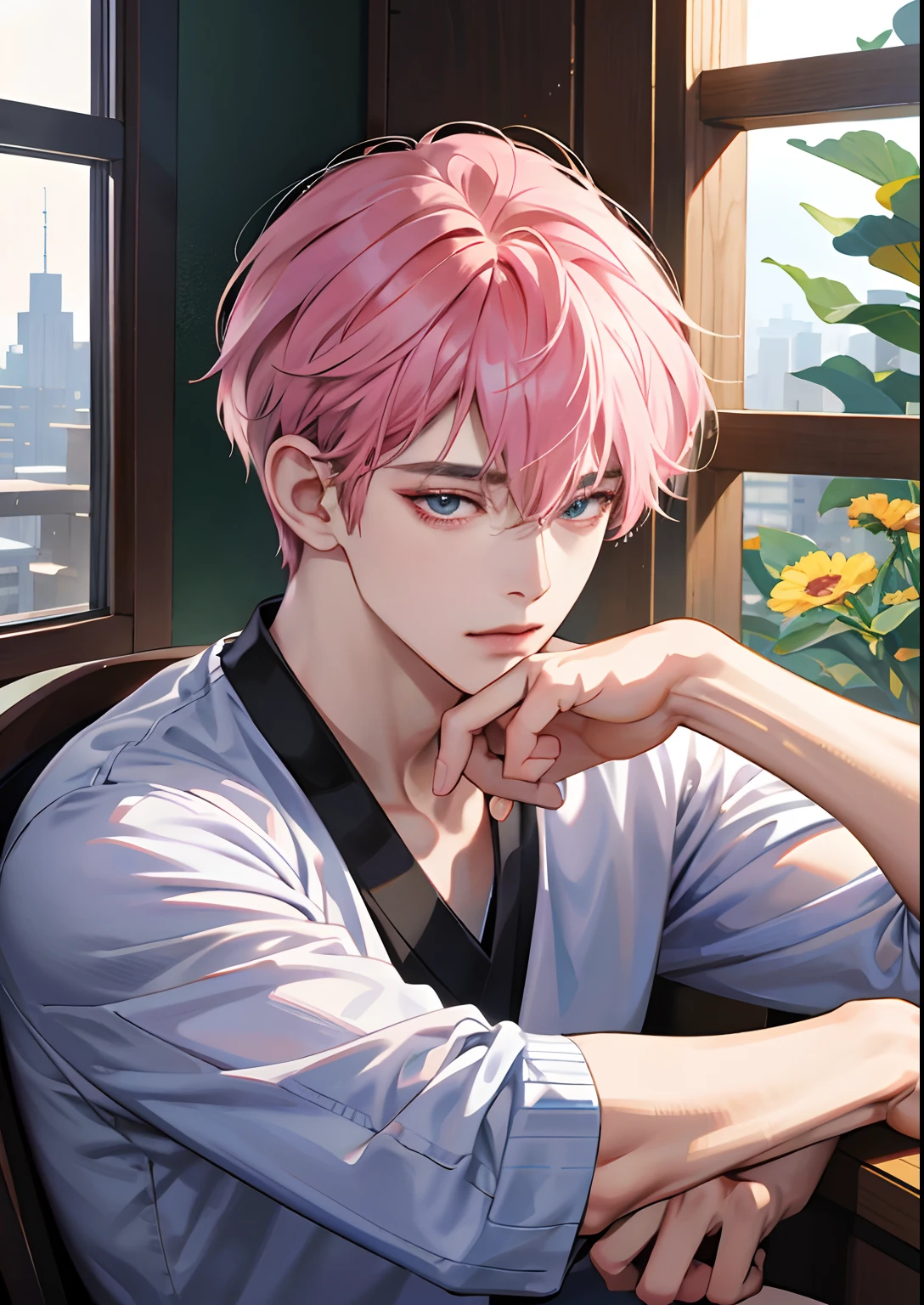 Close-up portrait of a person sitting on a windowsill with folded hands, Guviz-style artwork, made with anime painter studio, Guviz, Cai Xukun's, Anime Realism Style, Realistic anime art style, painted in anime painter studio, Inspired by Kim Taehyung, In an anime style, anime handsome guy, inspired by Zhang Han, anime realism、Pink hair、Shirts and knitwear