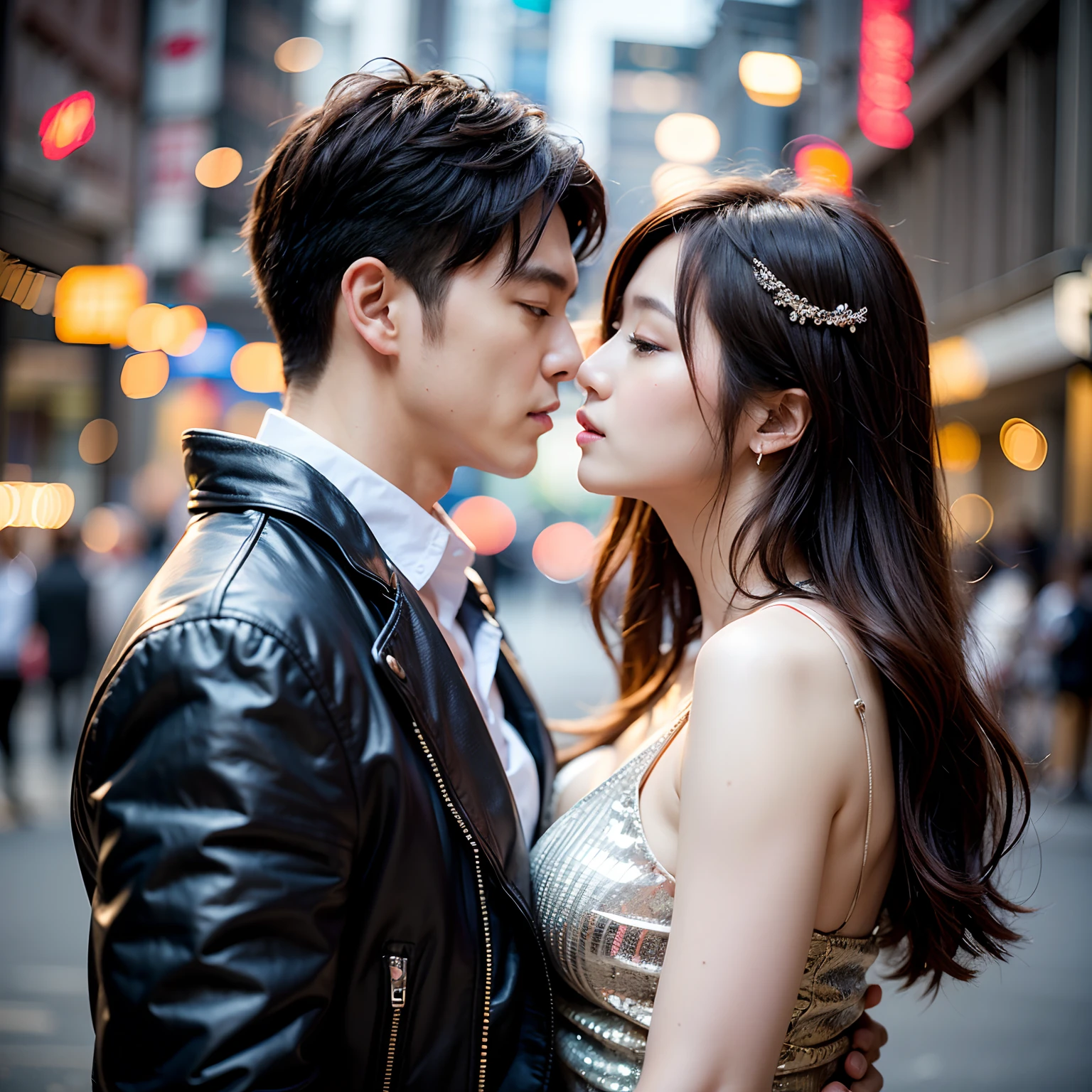 Best Quality, masutepiece, 超High resolution A, (Photorealistic:1.4), Raw-Photo, profesional lighting, photon maping,Korean beautiful woman and handsome man kissing on the street ,Sexy couple kissing , Hyper-realistic detail images, Cinematic color grading and lighting , Masterpiece high-definition photos
