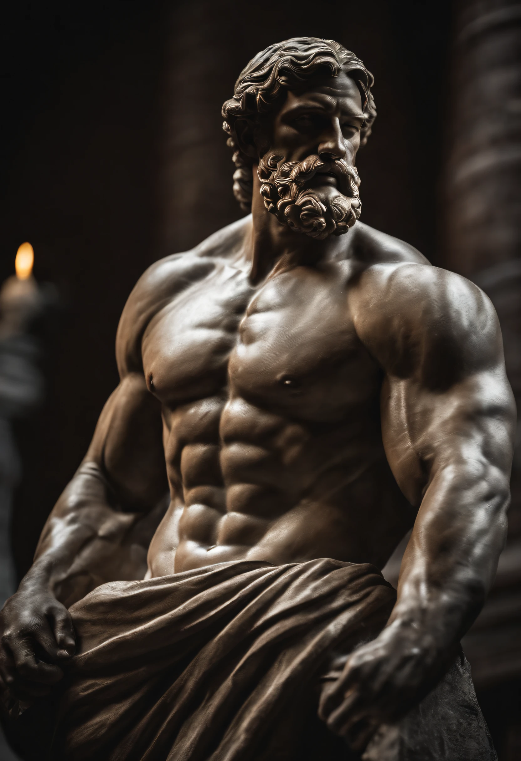 Stoic Greek statue Hercules style with muscles highlighted dark background