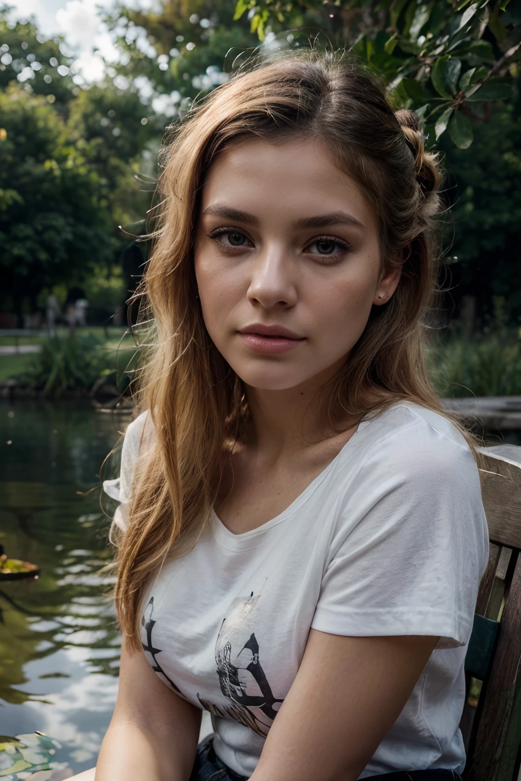 1 woman, earbuds in her ears, she's (sitting outside next to pond with swans, she's looking at camera), (elegantly detailed swans:1.3) , she is a gorgeous,,(exterior lovely pond park with ducks and swans:1.3)), stunning natural lighting on every element,), (she's listening to music), realistic photo, (47% of photo is black in drawing:1.4), she's has (eye contact:0.3) skill , (she wears a tshirt with minotaur graphic print , black jeans, pencil in her blond hair), (clouds:0.9) beautiful face, slight smile, intense presence, masterpiece, obsessively detailed details, cozy relaxed, teasing us, catching us, beautiful hands, kind eyes, gorgeous, incredible details, ((high contrast)), (deep, darkest shadows), (shadow details:1.0), ((taken using Leica camera, aperture: f/2.3)) , hyper-realistic skin, pores, scar, mole, (she has blonde hair pulled away from face, tidy updo, with pencil stuck in it), (stunning smokey eye makeup), natural resting, perfect hands, relaxed moment, she's in dark with natural light glow, (romantic light:1.2), radiant skin, perfectly framed face, perfect relaxed hands, perfect fingers, (perfect portrait, incredible eyes:1.1), a work of art,sexy beautiful composition, golden ratio, inspiring, (highest quality fabric texture), every detail,Fine facial features – (Highest Quality) ,Leica camera film, High quality ○○ detailed – ○○ details ultra detailed(Ultra-fine ), Photorealistic, Extremely detailed(Extremely detailed) , (highest detail image, lens flare, realistic)○○ res – ○○ resolution ultra high res(A high resolution),playful relaxed photos