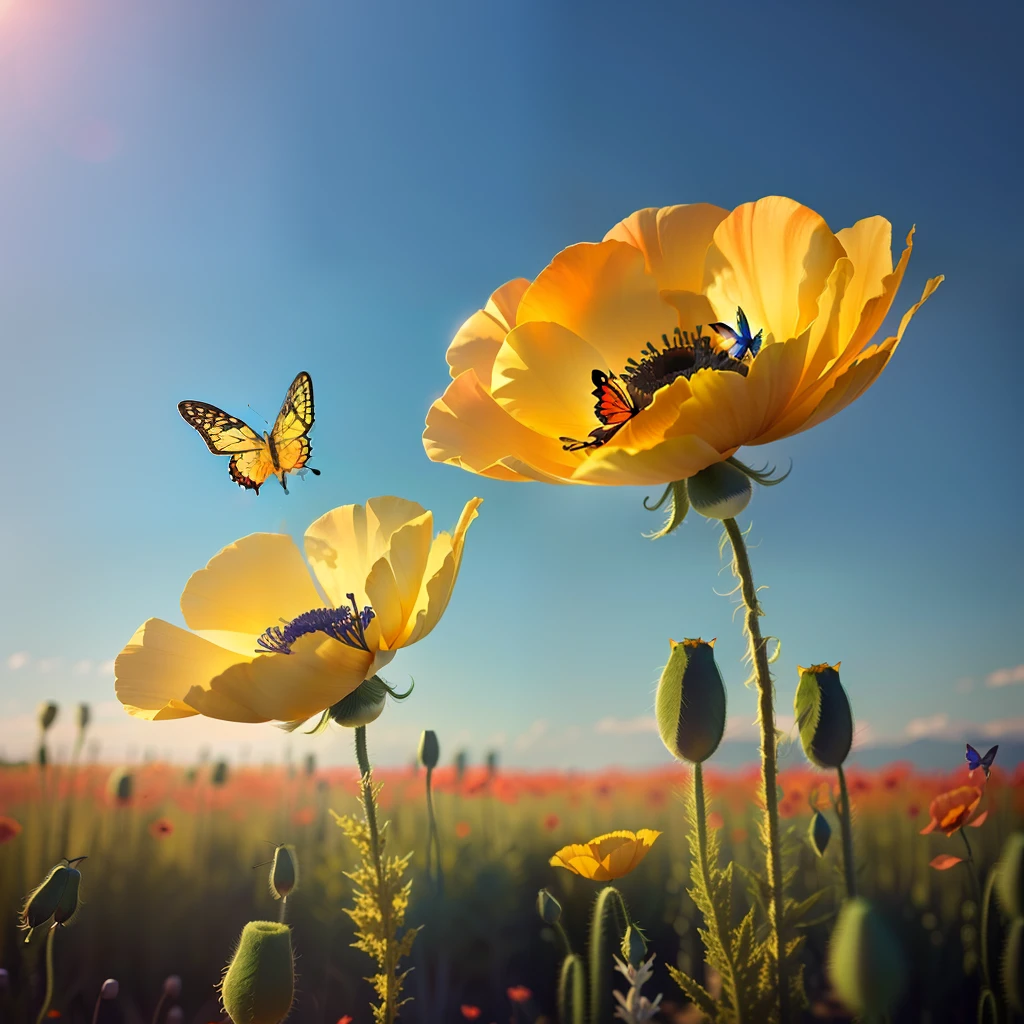 Poppy Flowers shaped in a heart, brightly colored butterflies in the background, Perrin Orea in cursive , 3d render, photo, fashion, wildlife photographyv0.