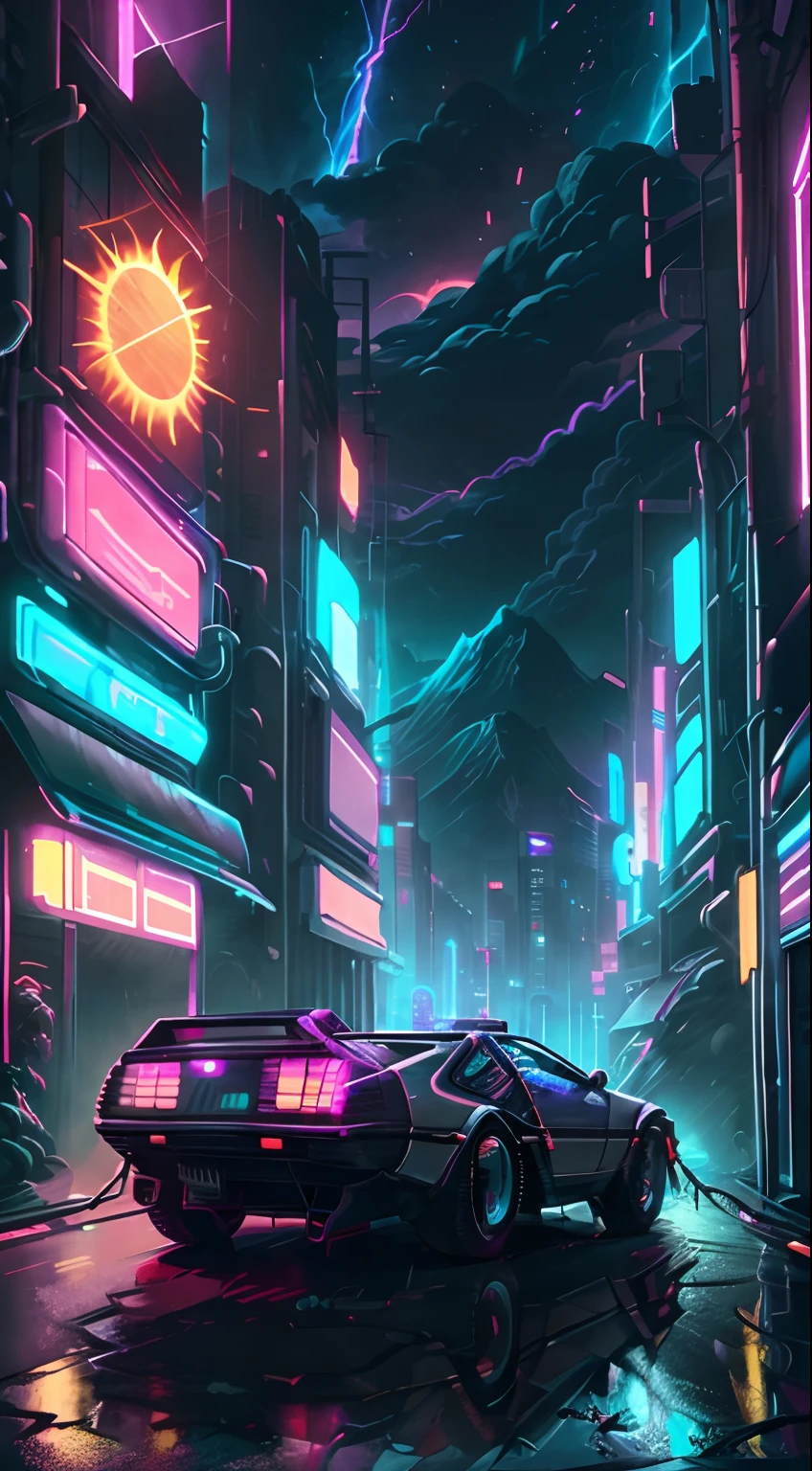 retrowave. city, Delorean Time Machine car, road,  purple neon lights, sun, mountain, 
(masterpiece,detailed,highres), lighting storm, fire trails