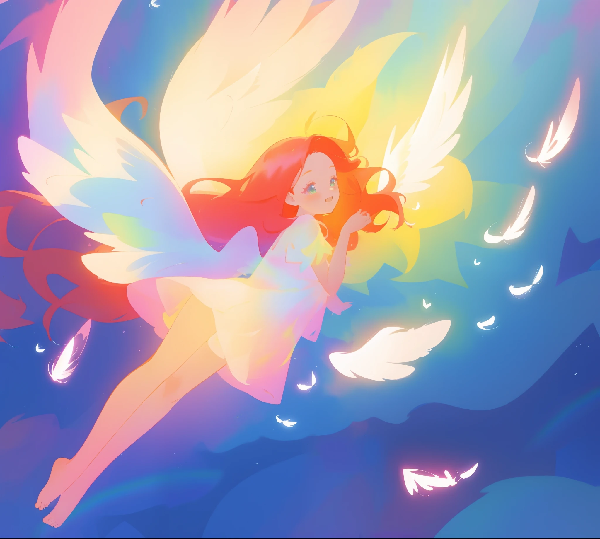 beautiful angel girl barefoot in shimmering tutu dress, ((colorful angel wings)), vibrant pastel colors, long flowing red hair, colorful fantasia background, watercolor illustration, disney art style, beautiful digital illustration, beautiful, masterpiece, best quality, anime disney style, beautiful face, ((rainbow angel feathers)), ((angel)), ((angel wings))
