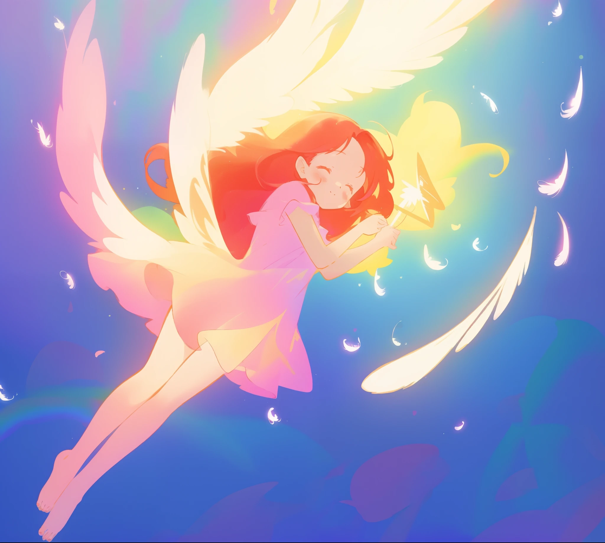 beautiful angel girl barefoot in shimmering tutu dress, ((colorful angel wings)), vibrant pastel colors, long flowing red hair, colorful fantasia background, watercolor illustration, disney art style, beautiful digital illustration, beautiful, masterpiece, best quality, anime disney style, beautiful face, ((rainbow angel feathers)), ((angel)), ((angel wings))