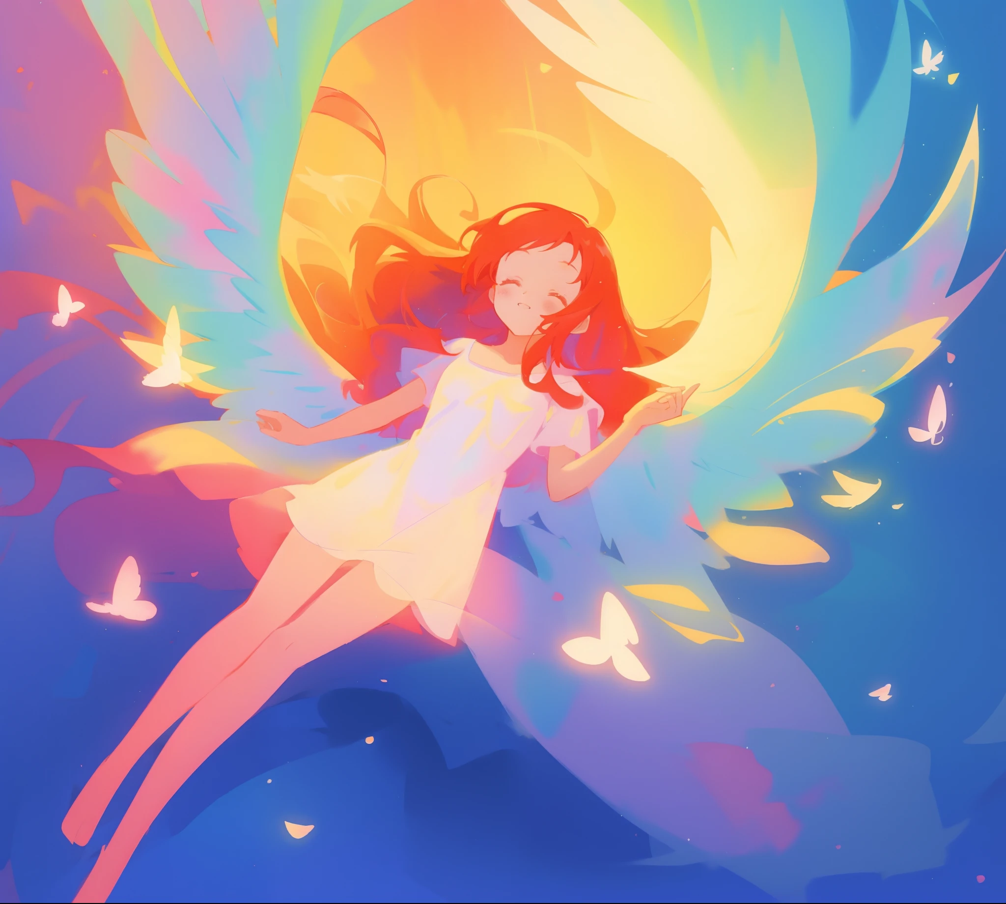 beautiful angel girl in white flowing dress, ((colorful angel wings)), vibrant pastel colors, long flowing red hair, colorful fantasia background, watercolor illustration, disney art style, beautiful digital illustration, beautiful, masterpiece, best quality, anime disney style, beautiful face