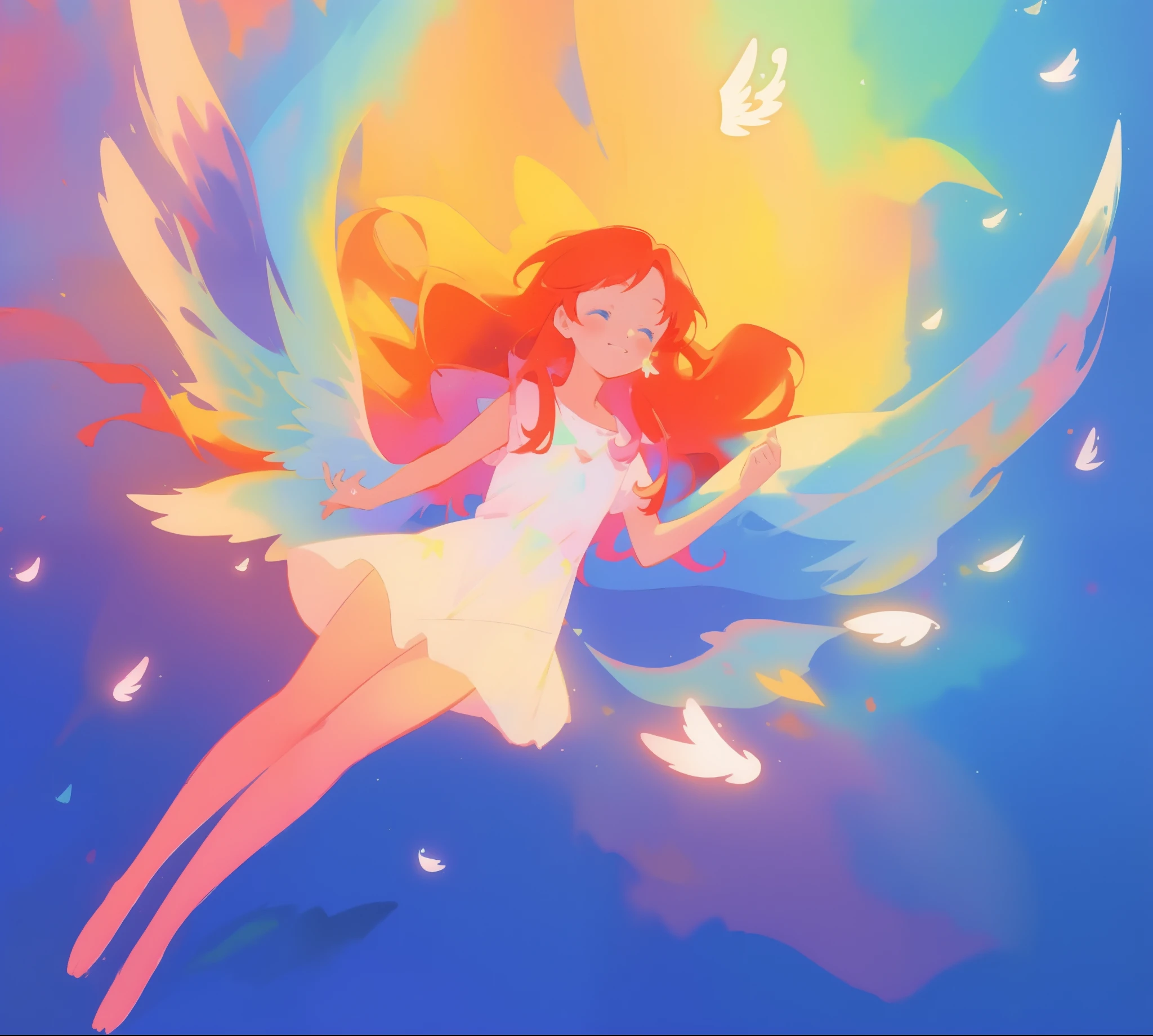 beautiful angel girl in white flowing dress, ((colorful angel wings)), vibrant pastel colors, long flowing red hair, colorful fantasia background, watercolor illustration, disney art style, beautiful digital illustration, beautiful, masterpiece, best quality, anime disney style, beautiful face