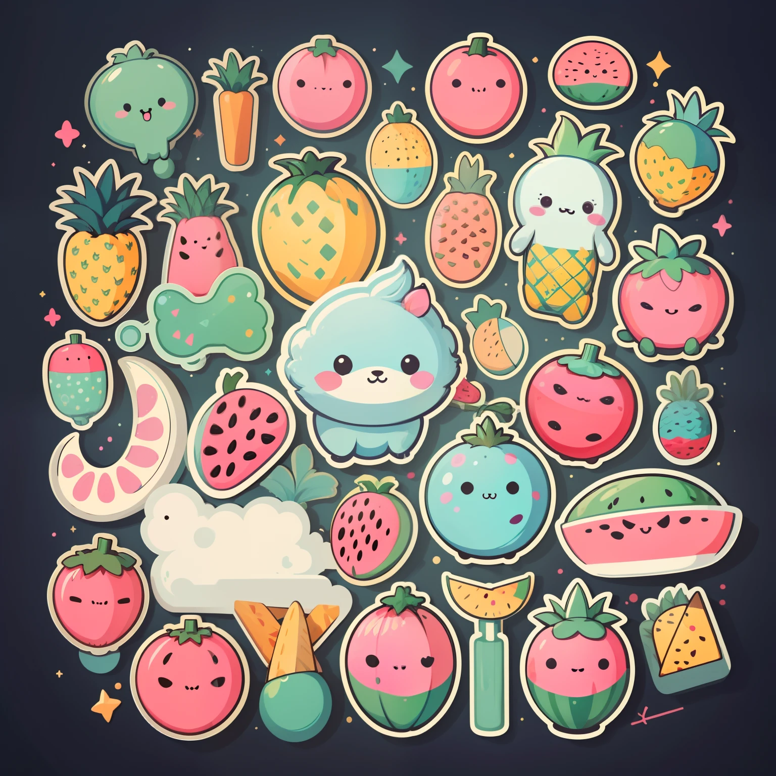 Individual stickers， 1sticker， （water melon），（pineapples），  white backgrounid， nothing background， simple backgound， dk， adolable， pastel colour， vectorstyle， no gradien，Refinement。Various fruits，All kinds of cute animals